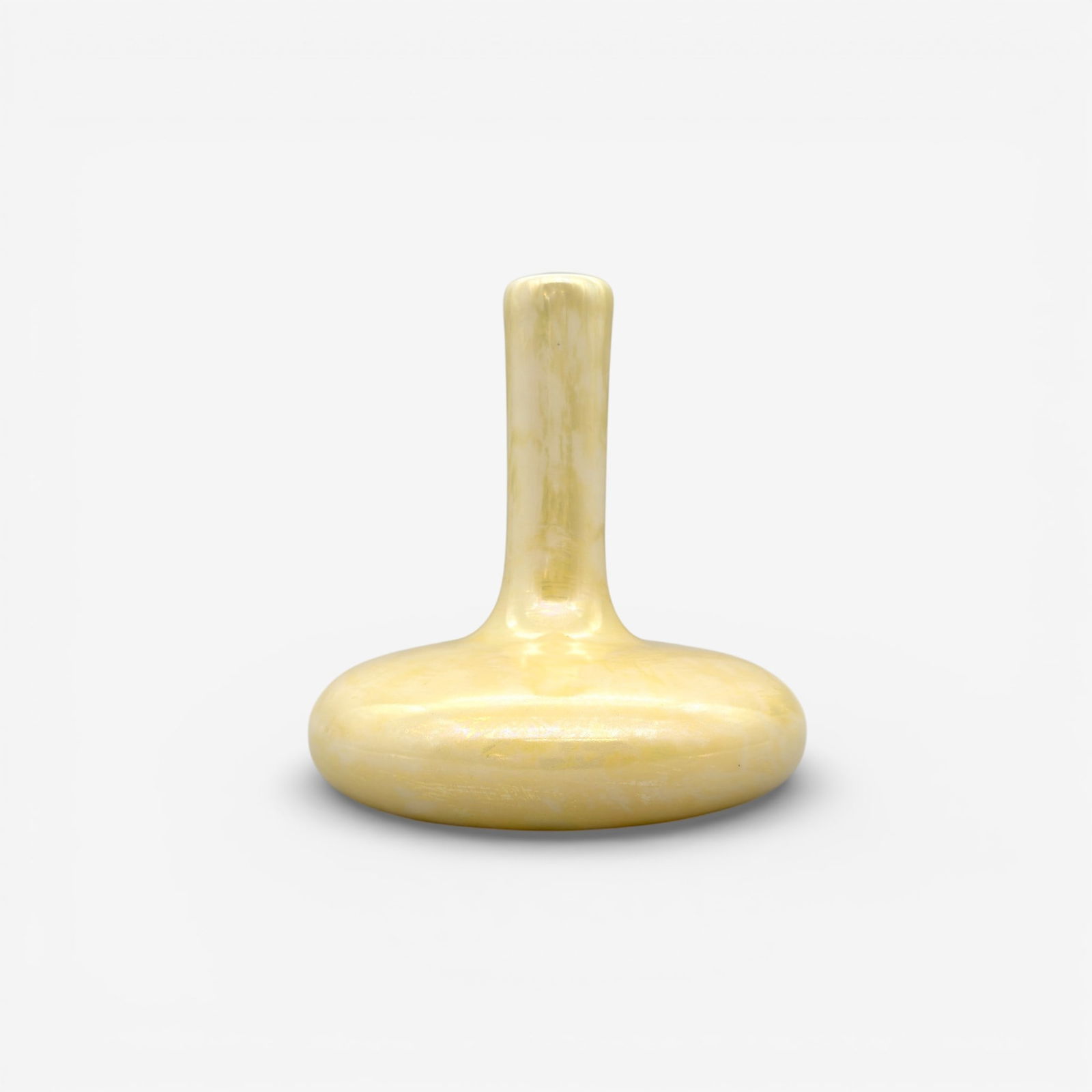 Rookwood Nacreous glaze vase in yellow: Rookwood Porcelain Nacreous glaze vase in yellow oil spot glaze. Impressed Rookwood logo, XV, shape number 763 C and P for porcelain. Height 5 7/8 inches.