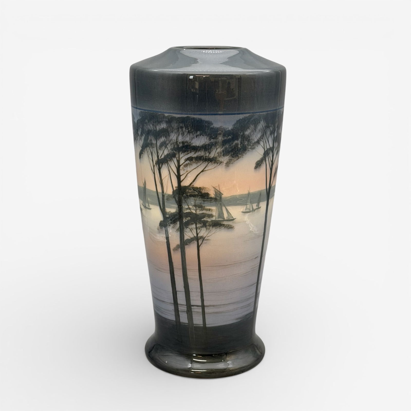 Impressive Iris glaze scenic, Shirayamadani, 1911.: Large and impressive Rookwood Iris glaze scenic vase with sailboats seen through bracketing trees, the work of Kataro Shirayamadani in 1911. Impressed Rookwood logo, date, shape number 1652 B, V, inci