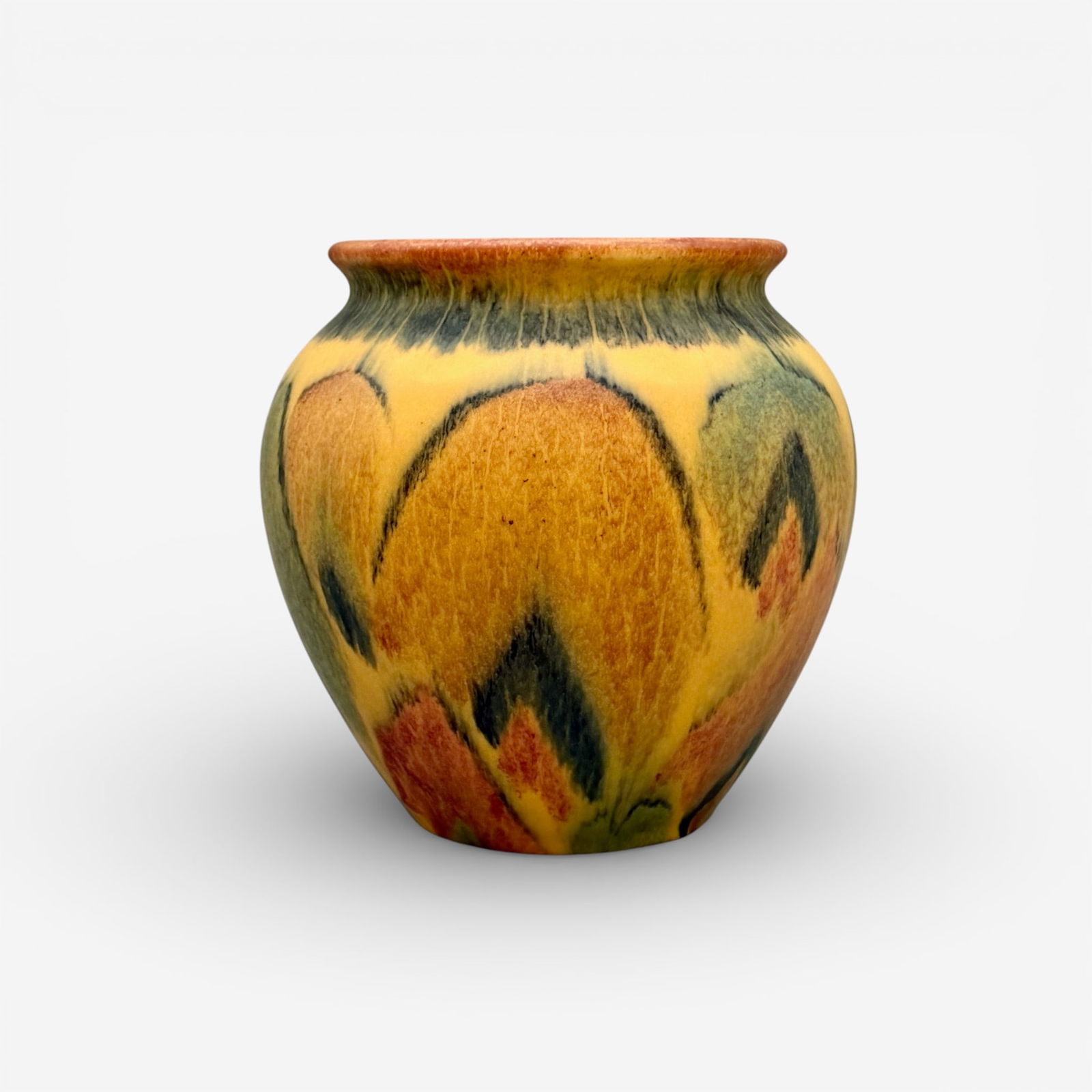 Rookwood mat floral, Wilhilmine Rehm, 1929: Geometric Decorated Mat vase done by Wilhelmne Rehm in 1929, Impressed Rookwood logo, XXIX, Shape number 130, Wheel ground X, painted WR in black slip. Height 6 3/8 inches.