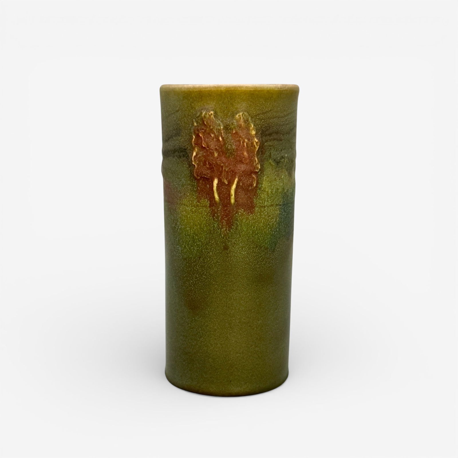 Carved Mat glaze floral cylinder vase, Hentschel, 1910.: Carved Mat glaze vase with a band of flowers just below the rim, the work of William Hentschel in 1910. Impressed Rookwood logo, X, Shape number 1142 D. Incised WEH. Height 8 1/3 inches.