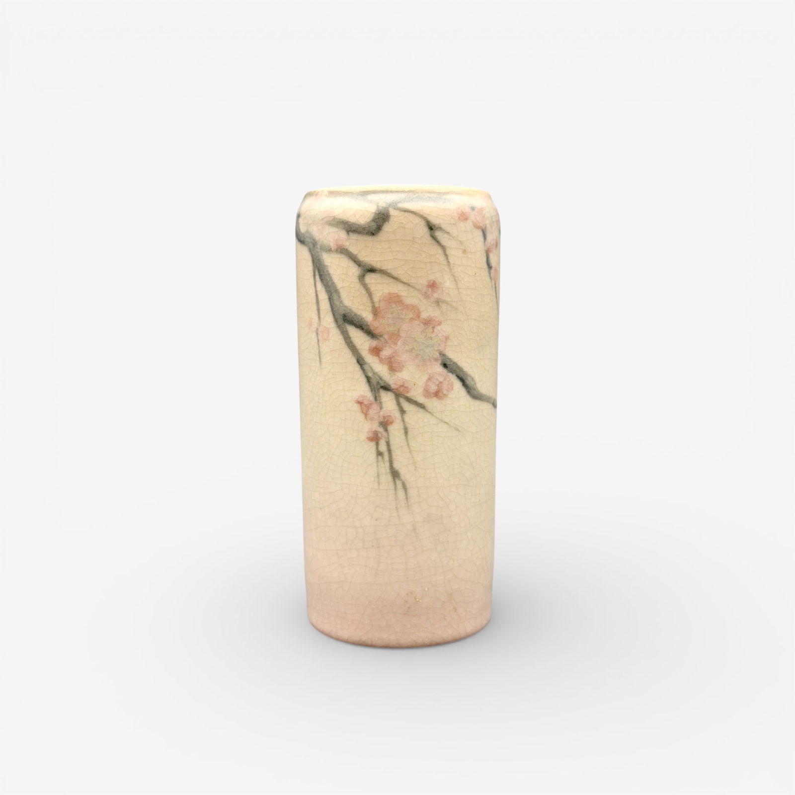 Rookwood Vellum vase, Epply, cherry blossoms: Cylinder shaped Vellum glaze vase with cherry blossoms done in 1907 by Lorinda Epply for Rookwood. Impressed Rookwood logo, VII, 952 F, V, incised LE and V. Height 5 7/8 inches.