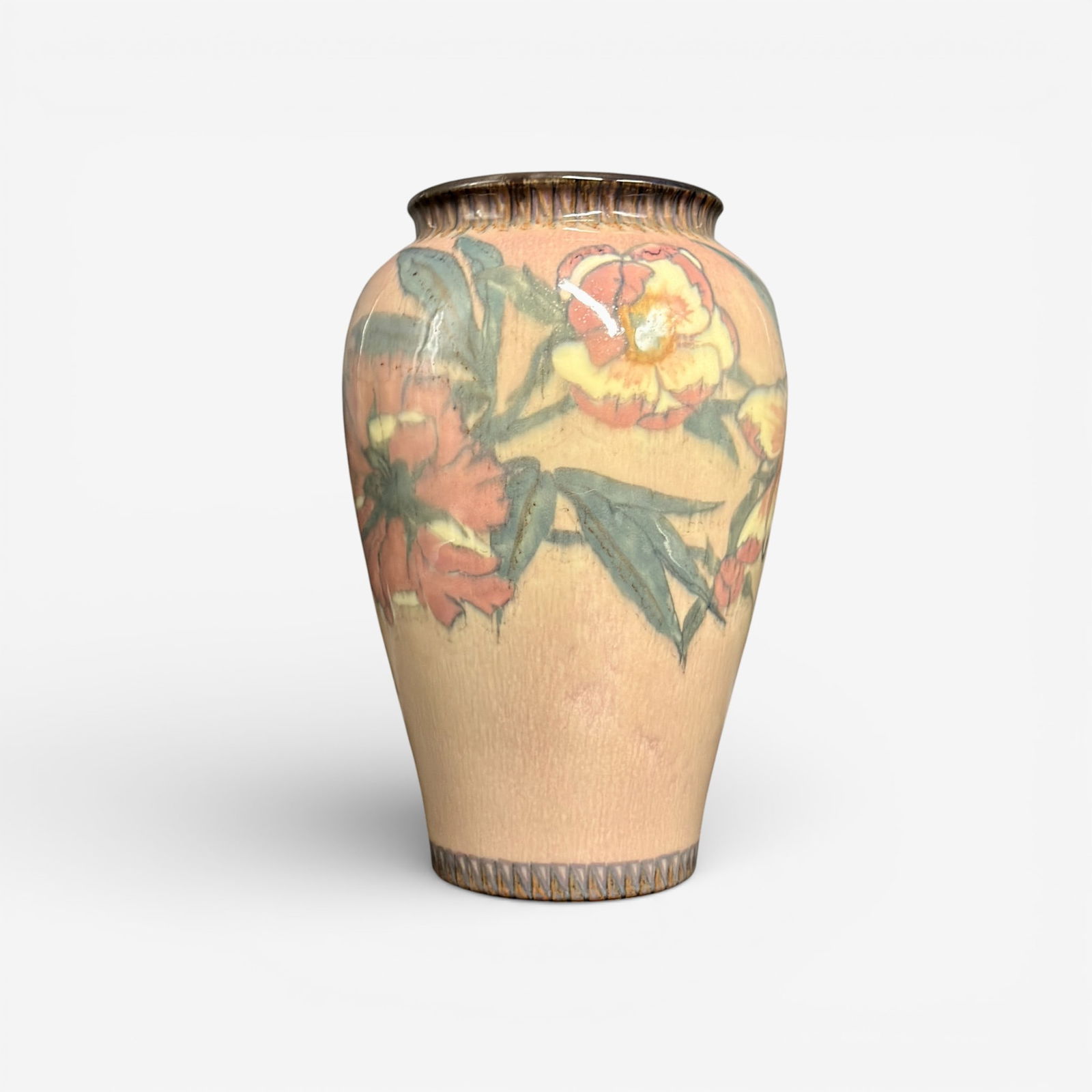 Large Rookwood Decorated Porcelain, Sax, 1928: Large Rookwood Yellow Tinted, Decorated Porcelain vase, a Special shape, decorated by Sara Sax in 1928. Peony-like flowers encircle the vase as do intricate bands at rim and base. The interior is line