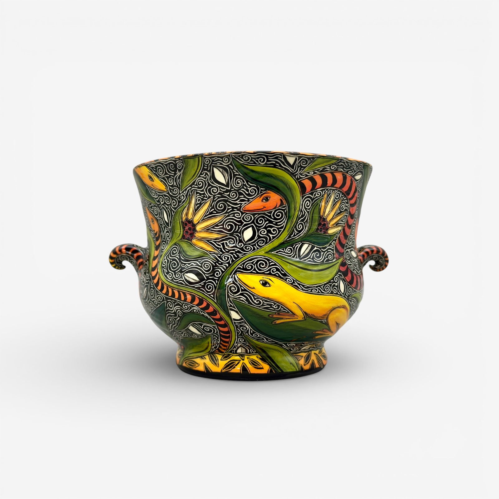 Terri Kern twin handled vase, Iguanas and snakes (1 of 6)