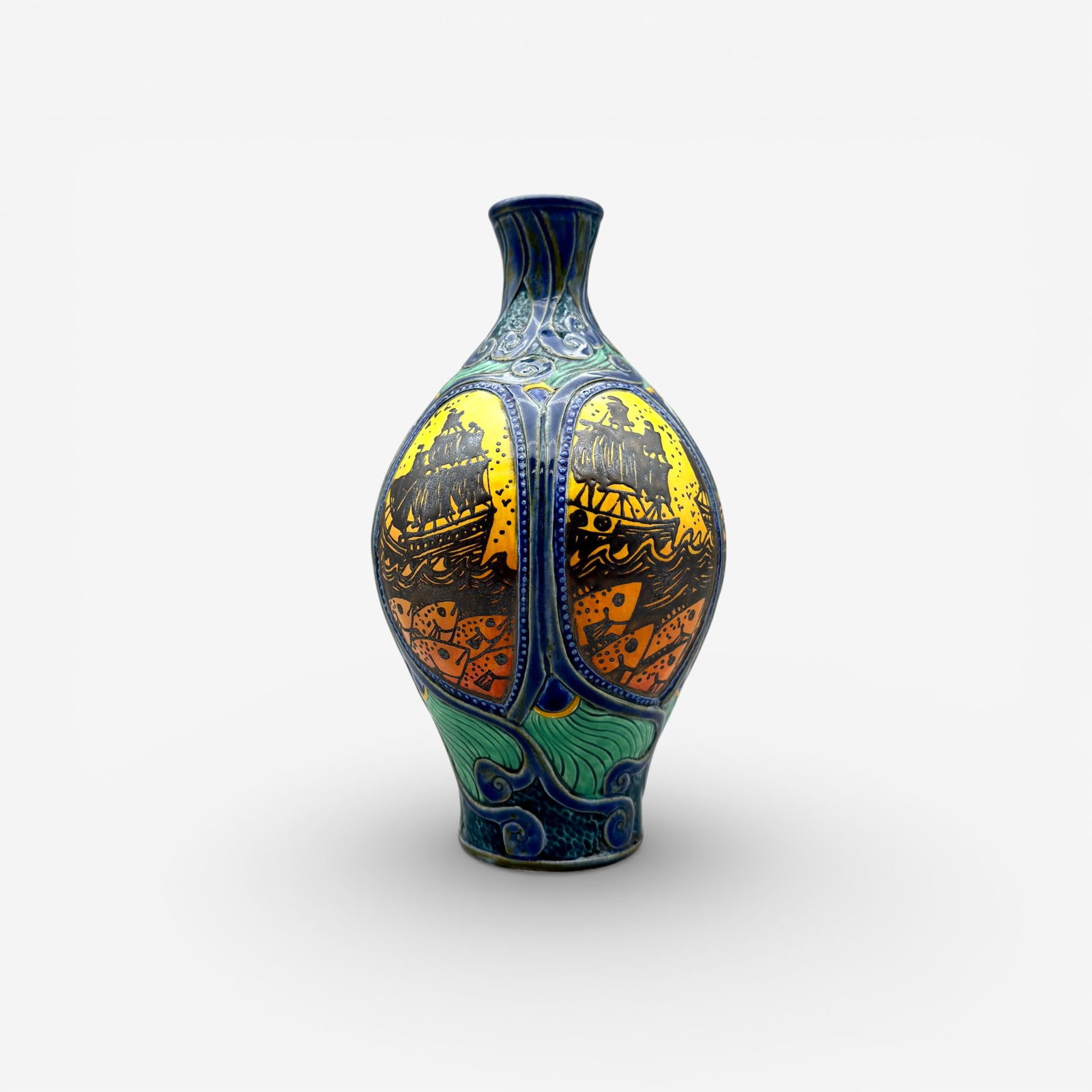 Stephanie Young porcelain vase, galleons, fish, waves (1 of 8)