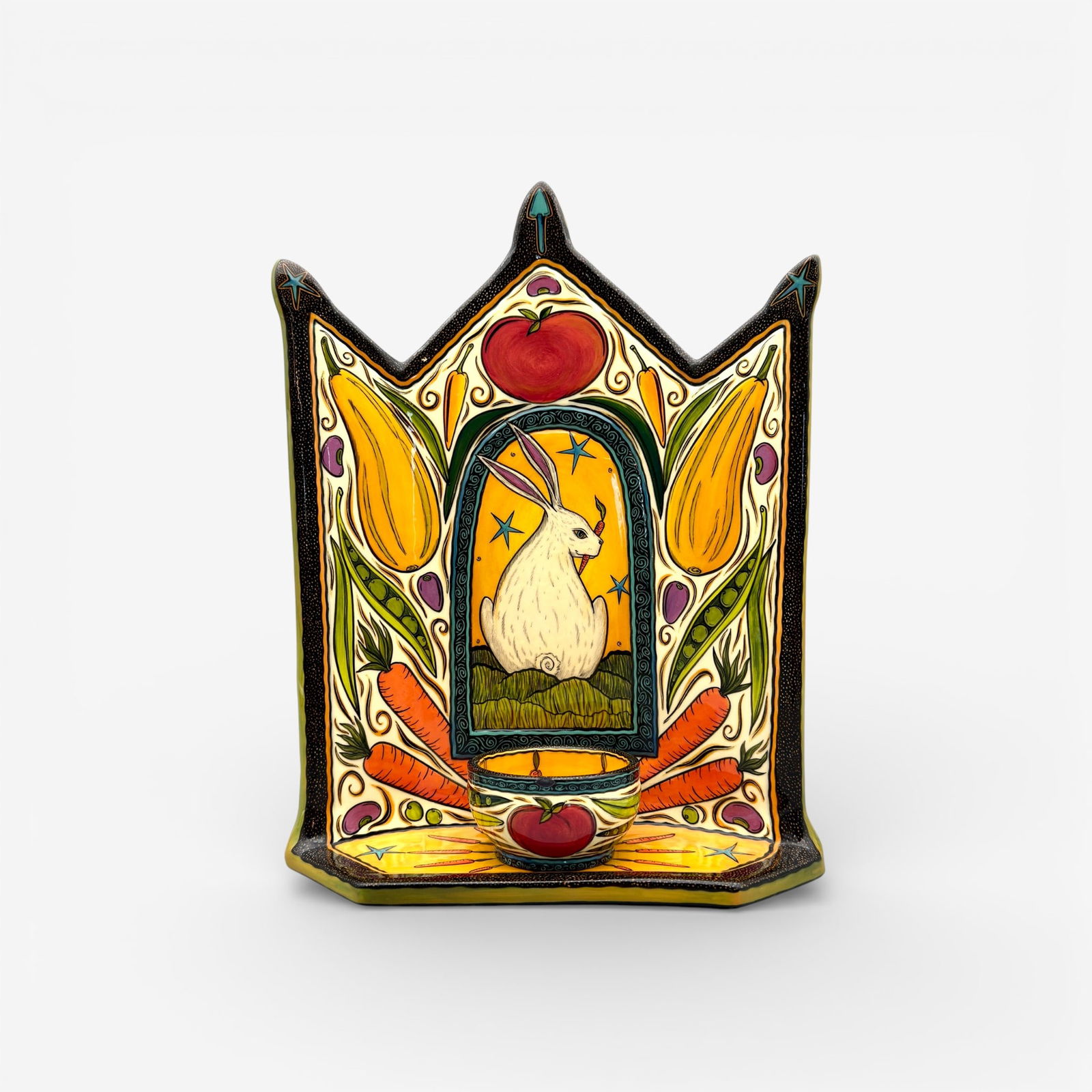 Terri Kern Platform with rabbit and bowl, 2007: Terri Kern platform and bowl with a variety of painted vegetables and a white rabbit with the admonition "Eat Your Vegetables. Signed on bottom of platform and bowl "Terri Kern 2007." This is a unique