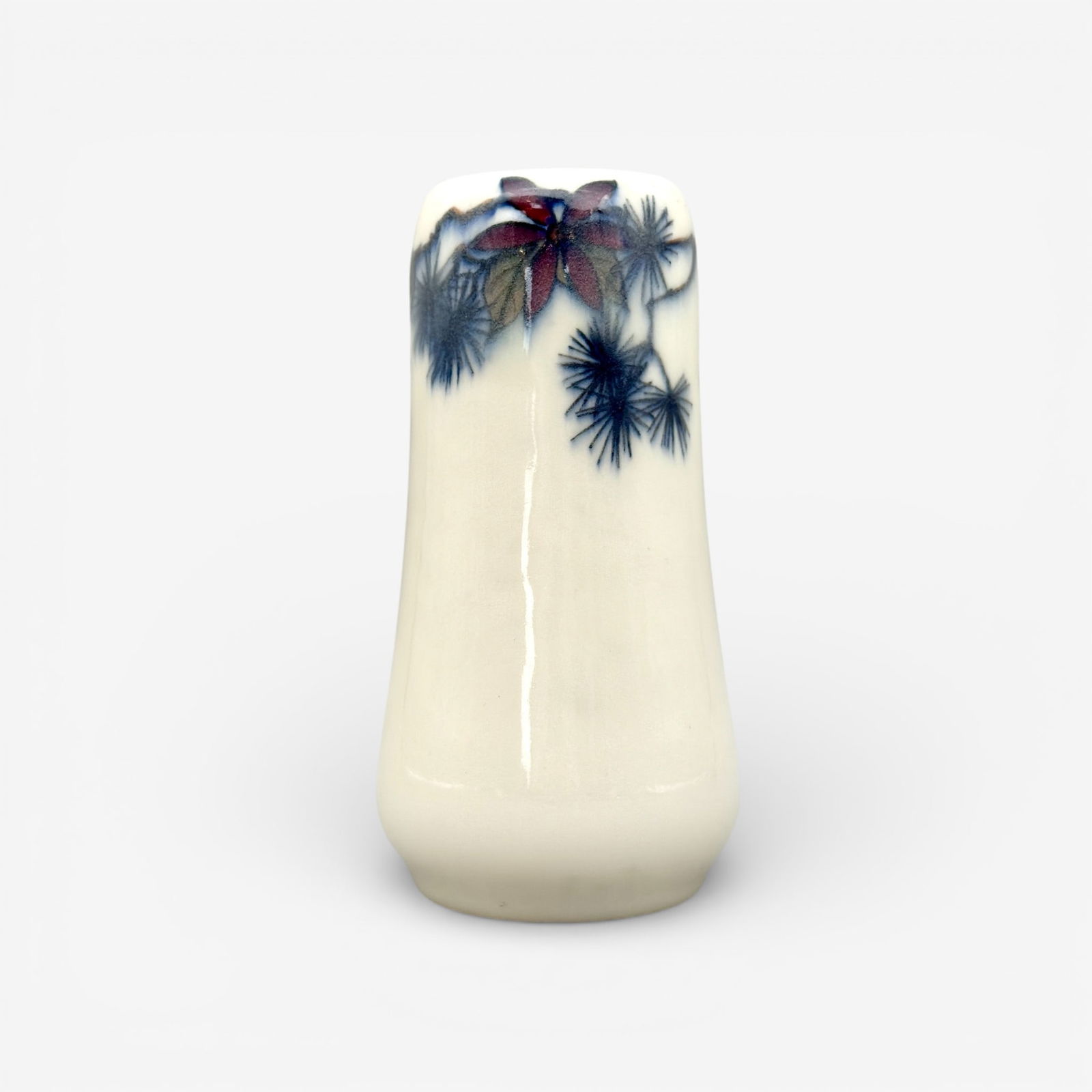 Rookwood Decorated Porcelain vase, floral, KVH: Rookwood Decorated Porcelain vase with colorful flowers and spikes done by Katherine Van Horne in 1917. Impressed Rookwood logo, XVII, shape number 2066 and sideways P. Height 7 1/8 inches.