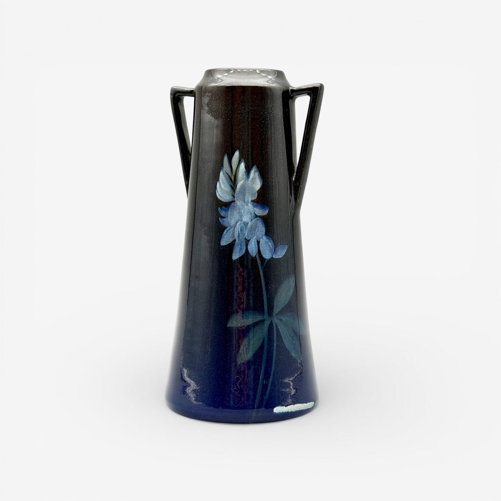 Rookwood Black Iris vase, sweet pea, Schmidt 1912: Rookwood Black Iris twin handled vase with sweet pea decoration done by Carl Schmidt in 1912. Impressed Rookwood logo, XII, shape number 2018, a wheel ground X, incised W and artist's monogram. Height