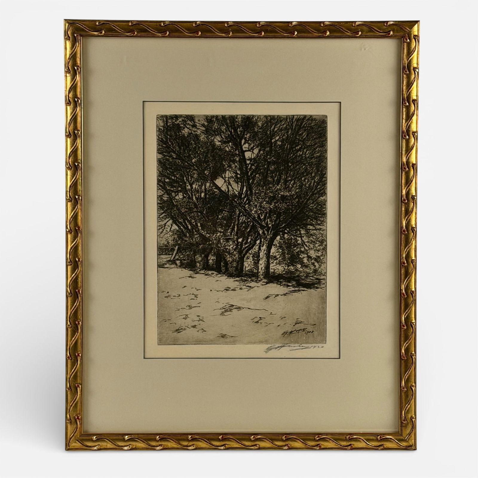 E.T. Hurley etching, landscape, wooden bridge, 1920 (1 of 2)