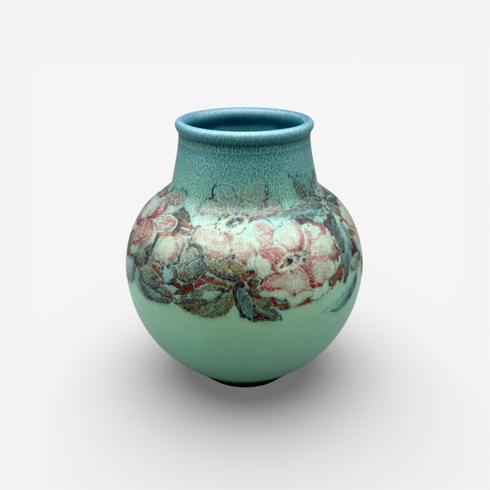 Rookwood Double Vellum, Bankers Life vase, Pullman, 1930.: Uncommon Bankers Life Double Vellum with a band of wild roses on the shoulder, the work of John Wesley Pullman in 1930. Bankers Life bought a large number of artist signed vases in and around 1930 as