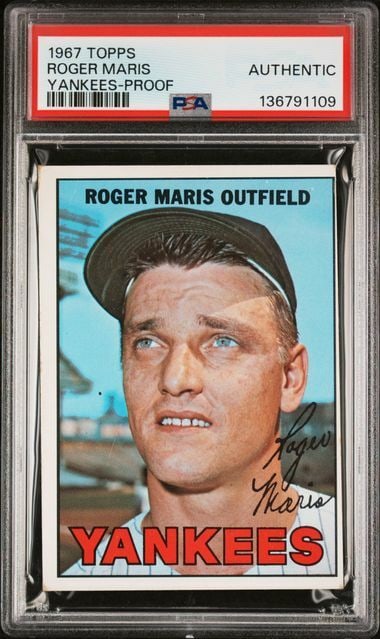 Roger Maris 67 Blank Back PSA Authentic and PSA 6: Both version encapsulated by PSA of the 1967 Topps Roger Maris Cards example and then the Yankees "blank back" proof, deemed authentic.