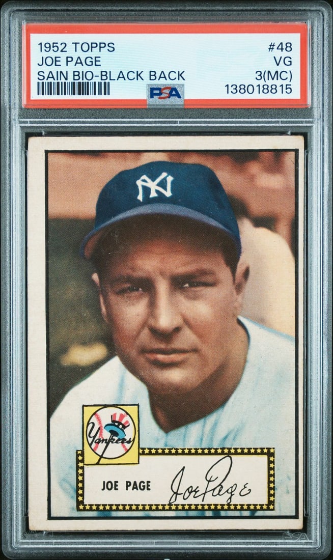 1952 Topps Joe Page/Johnny Sain ALL 4 Card Versions PSA Graded!: 1952 Topps 48 Joe Page Correct Bio PSA 3MC, 1952 Topps 49 Johnny Sain Correct Bio PSA 2, 1952 Topps 49 Johnny Sain Correct bio PSA 4, and Johnny Sain Page Bio PSA 3. All 4 versions of these cards PSA