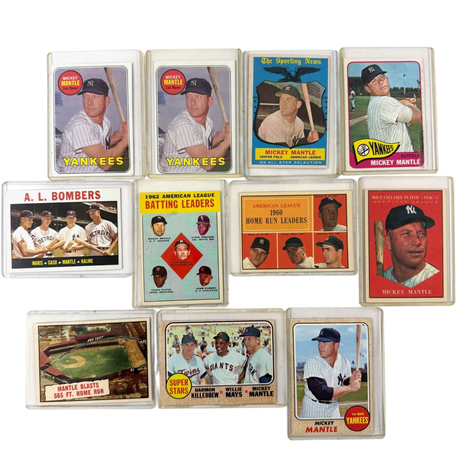 Mickey Mantle Card Grouping: 11 Mickey Mantles, including several with other HOF stars, each in hardcases.