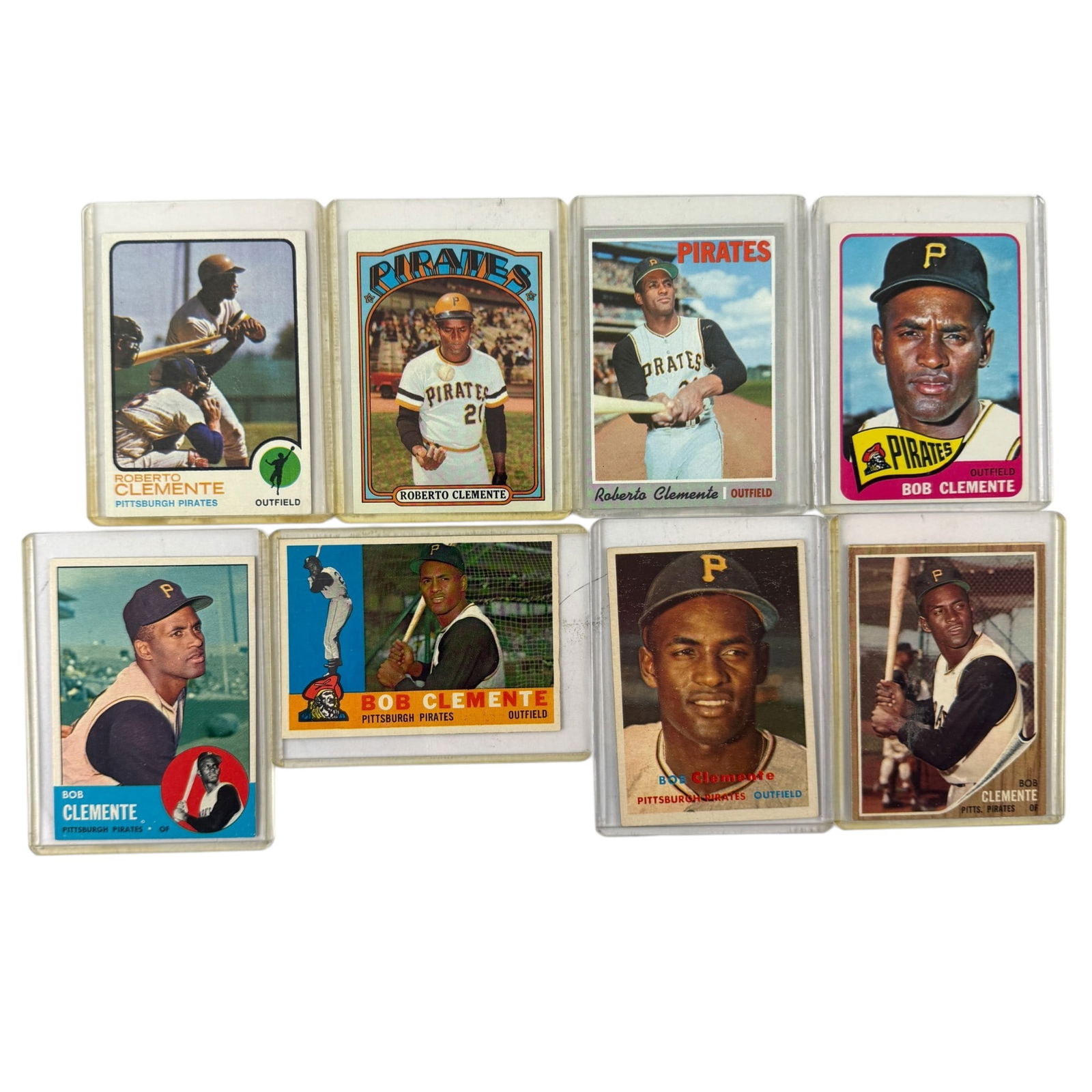 Roberto Clemente Card Grouping: 8 cards of Roberto Clemente, all Topps, 1950s and 60s.