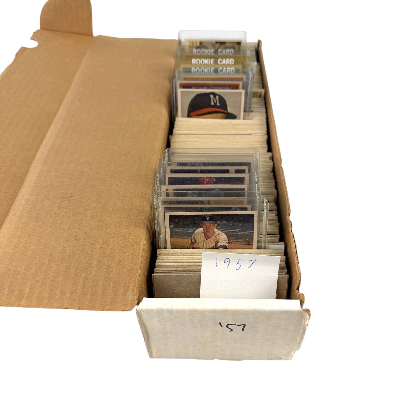 Near Complete Set of 1957 Topps Baseball Cards: Very close to complete, with the following cards in graded condition and offered in this sale: #20, Hank Aaron, #35 Frank Robinson Rookie, #302 Sandy Koufax, and #328 Brooks Robinson. Some housed in