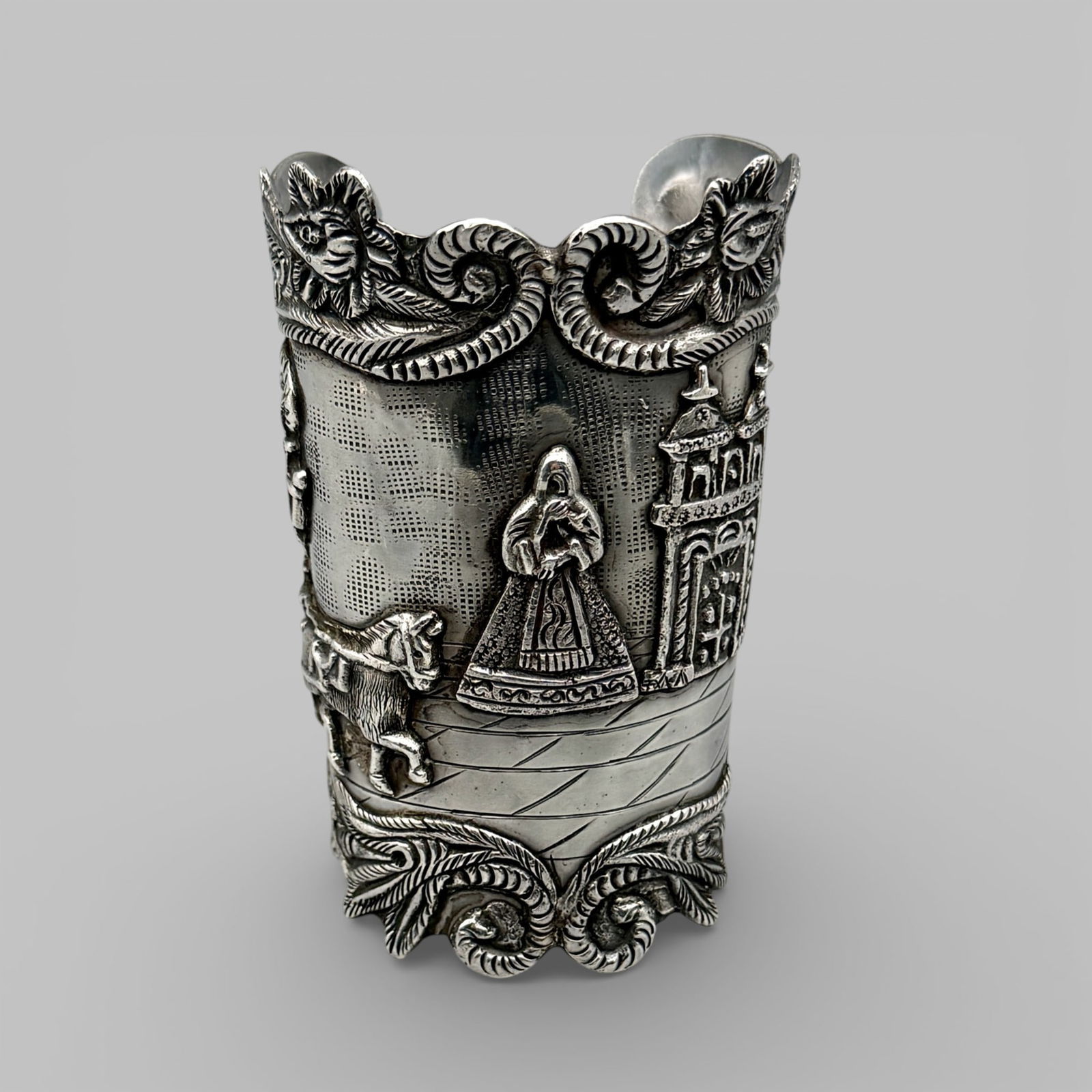 Mexican Sterling Silver Cuff Bracelet: Marked for "Plata" and 925 silver to the reverse. Front features a design with horse, woman and castle. Total weight: 5.58 troy ounces