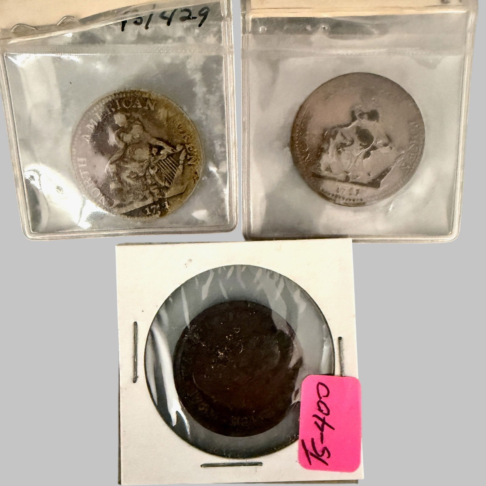 Group (3) American Tokens: Washington & Independence 1783 Token-Copper, large bust variety (Vlack 10-G: Fuld WA.NC. 1783.18), 28.07mm diameter, with obverse shoulder length portrait of Washington facing left and wearing laurel