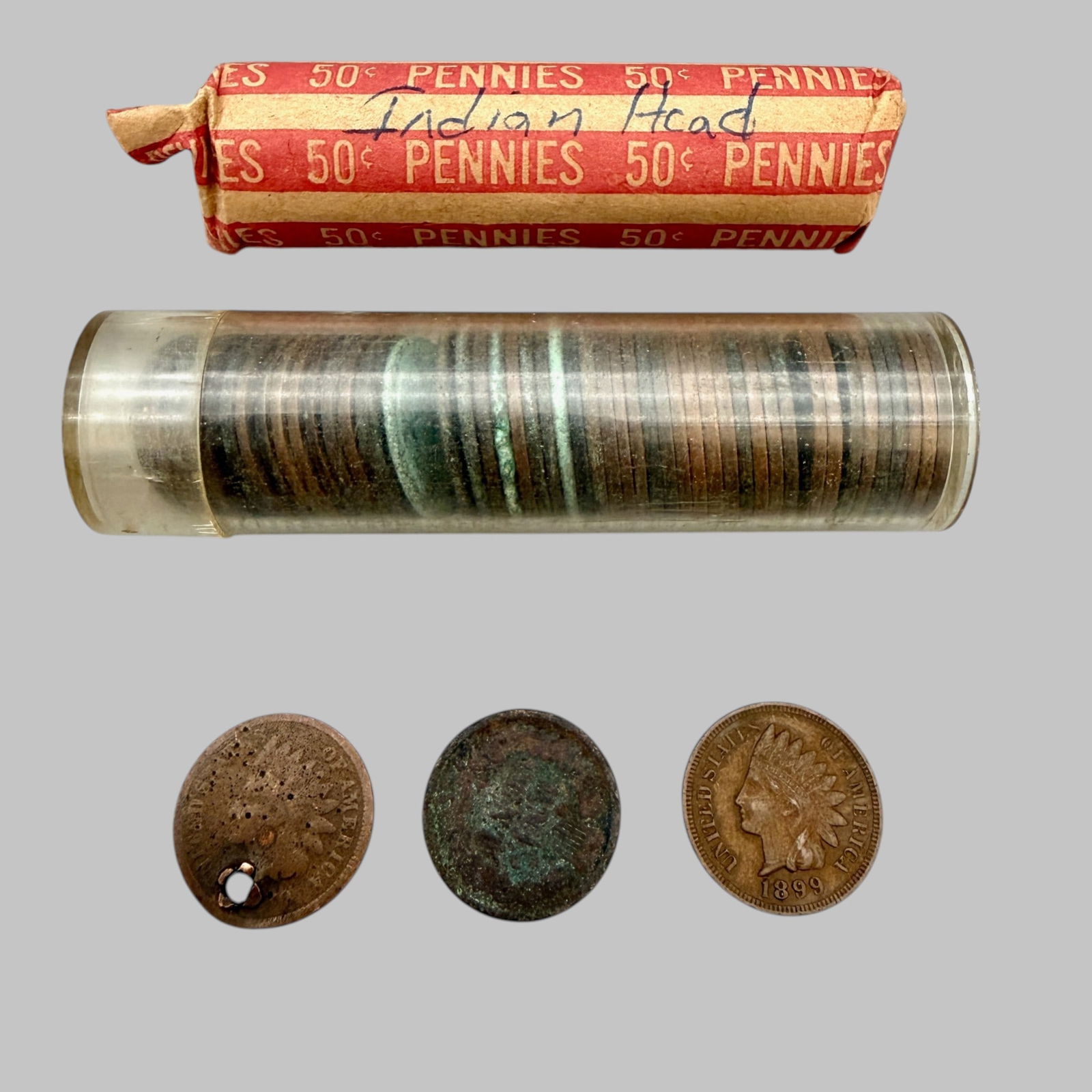 99 Indian Head Pennies: 99 Indian Head Pennies-All copper, unsorted or graded. Condition, Poor to Fine, most Good to Very Good, one holed.