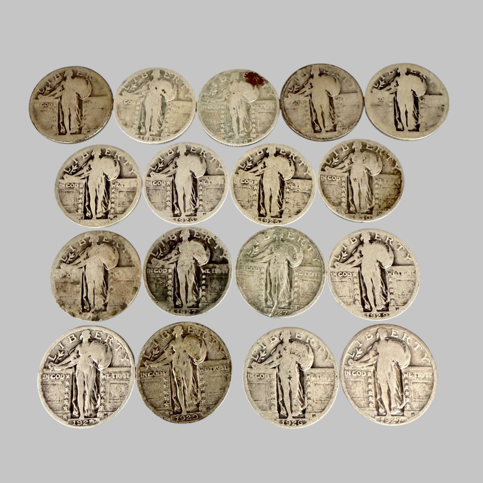 17 Silver Standing Liberty Quarter: 17 Silver Standing Liberty Quarter-Dates include 1925, 1926 (2), 1927 (4), 1928, 1929 (2), 1929-S, 1930-D, N.D. (5). Condition, from Poor to Very Good.
