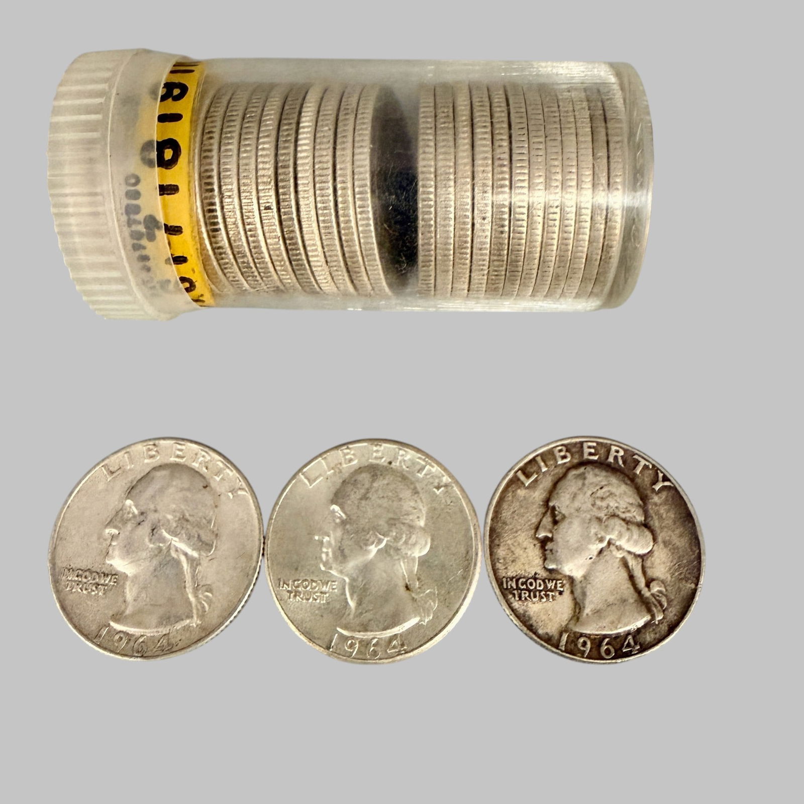 33 Silver Washington Quarters: 33 Silver Washington Quarters-Not graded, dates include 1937, 1941, 1945 (4), 1948-S, 1962 (2). 1962-D (2), 1963 (1), 1963-D (3). 1964 (10), 1964-D (5). Condition, from Good to Fine, most Very Good.