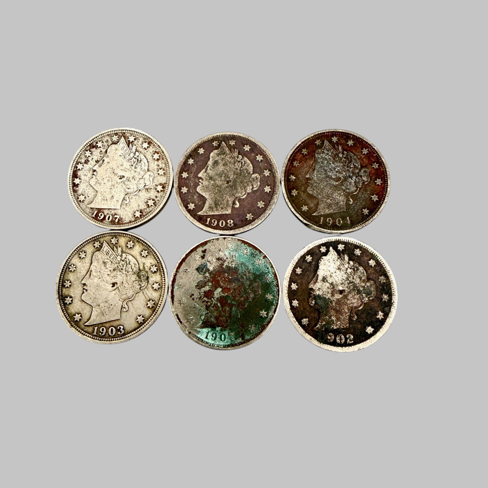 Six V Nickels: Six V Nickels-Dates include 1902, 1903, 1904, 1907 (2), & 1908. Condition from Good to Very Good.