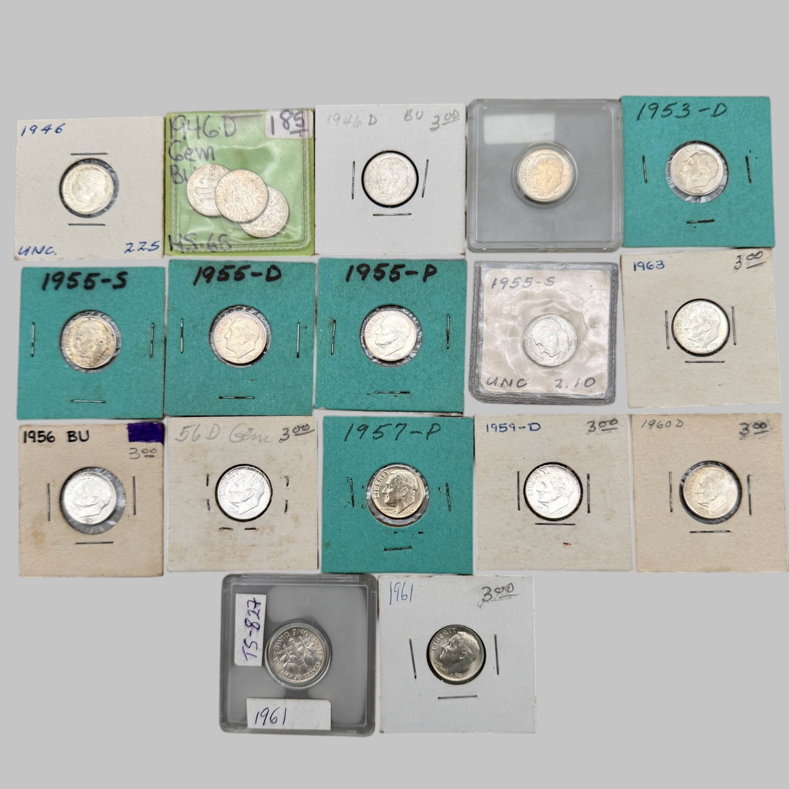 19 BU Silver Roosevelt Dimes: 19 BU Silver Roosevelt Dimes-Dates include 1946, 1946-D (4), 1947, 1953-D, 1955, 1955-D, 1955-S (2), 1956, 1956-D, 1957, 1959-D, 1960-D, 1961 (2), & 1963. Condition, all Brilliant Uncirculated.