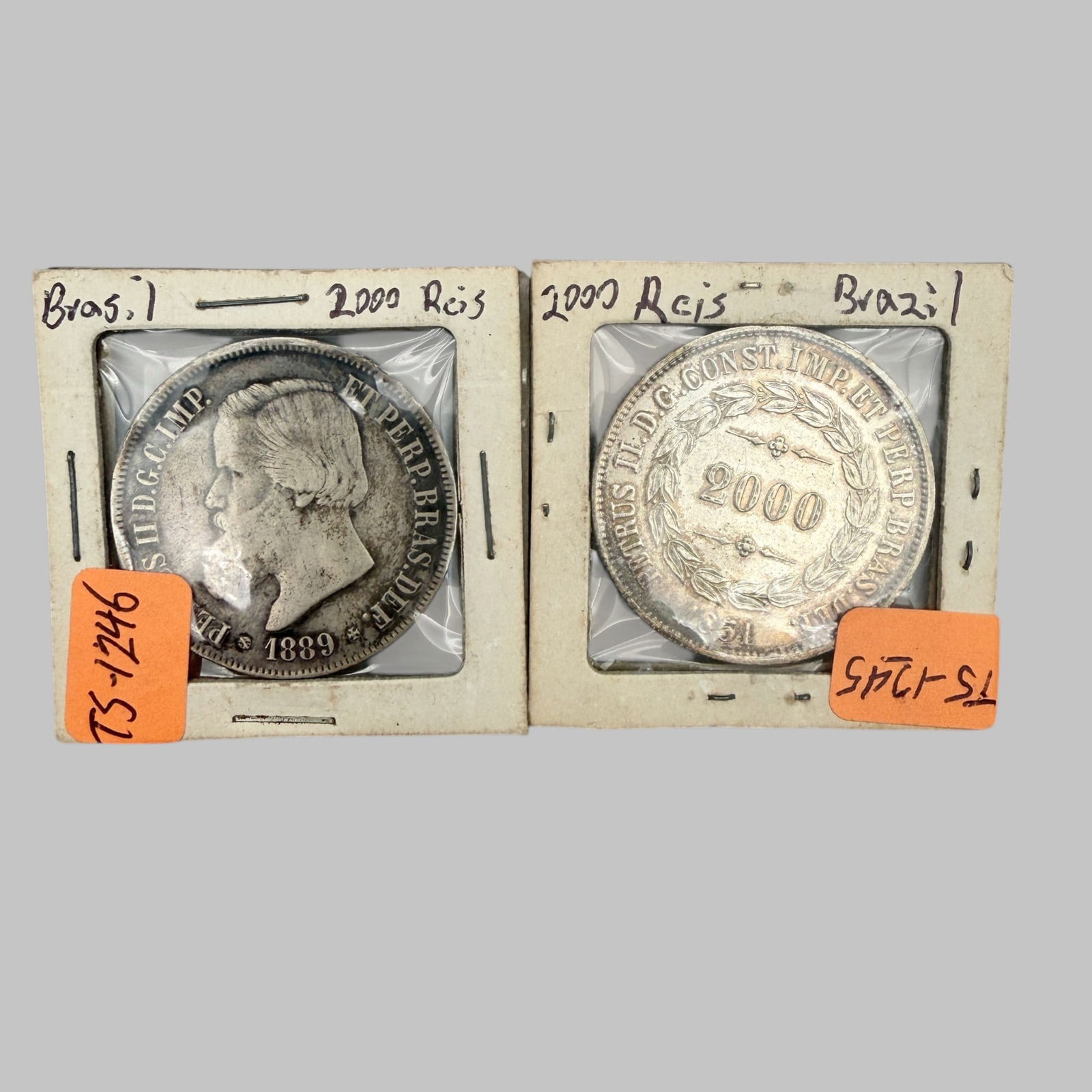 Group (2) Brazil Petrus II Silver Coin: Brazil Petrus II 2000 Reis silver coins dated 1851 (BU) and 1889 (VG).