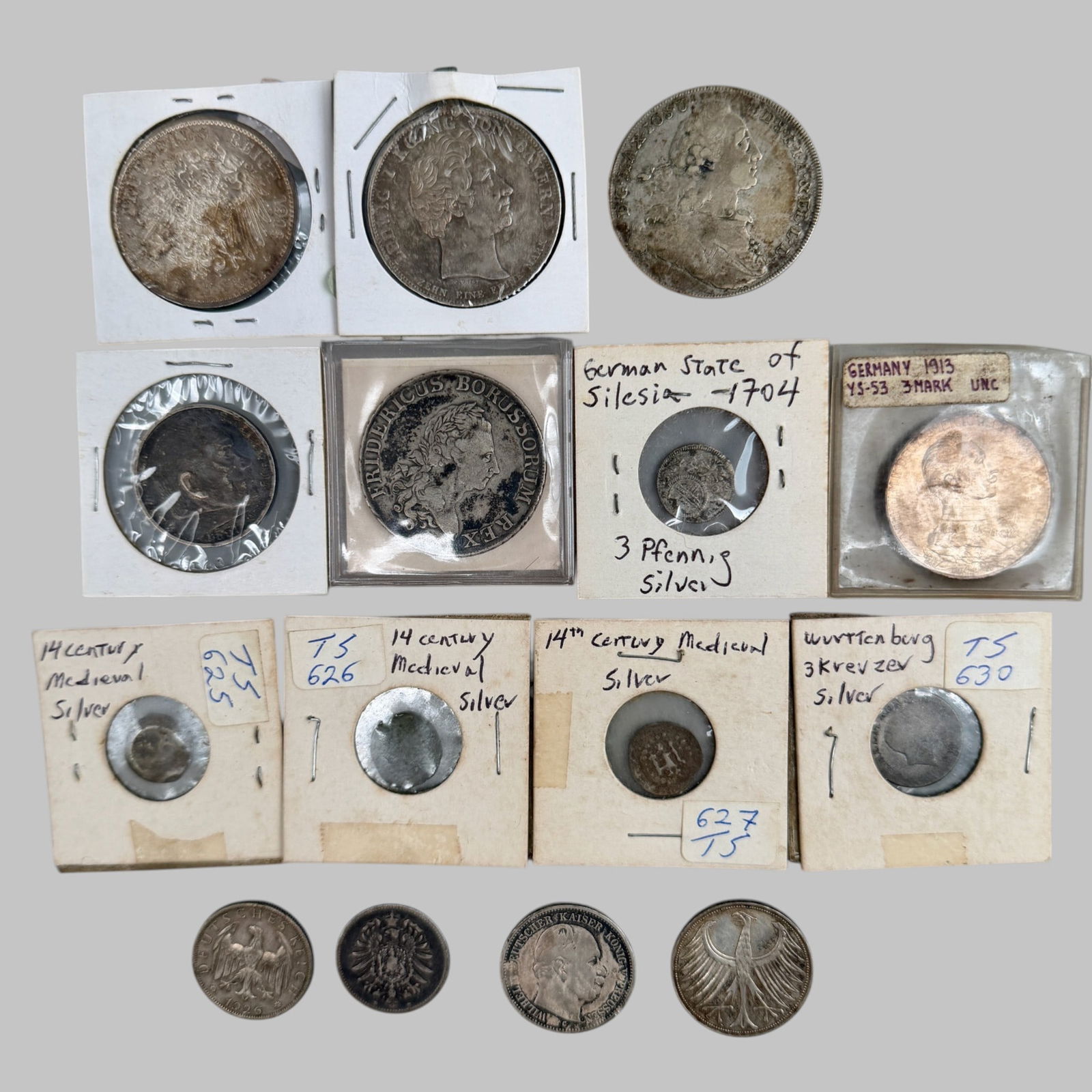 Large Group of Assorted German Silver Coins: Includes: 1938 German Nazi silver 5 Mark; 1704 Silesia silver 3 Pfennig; 1779 Prussia Frederick II silver thaler; 1771 Bavaria Maximilian III silver thaler; 1827 Bavaria Ludwig I silver thaler (rim ri