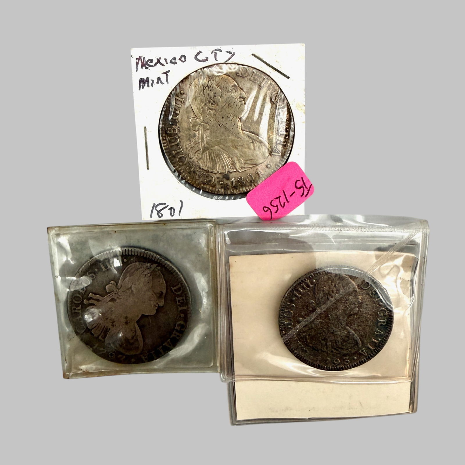 Group (3) Mexico Carolus III Silver Eight Reale: Three Mexican 8 Reales coins: 1793 Carolus III, 1797 Carolus IIII and 1801 Carolus IIII from Mexico City mint.