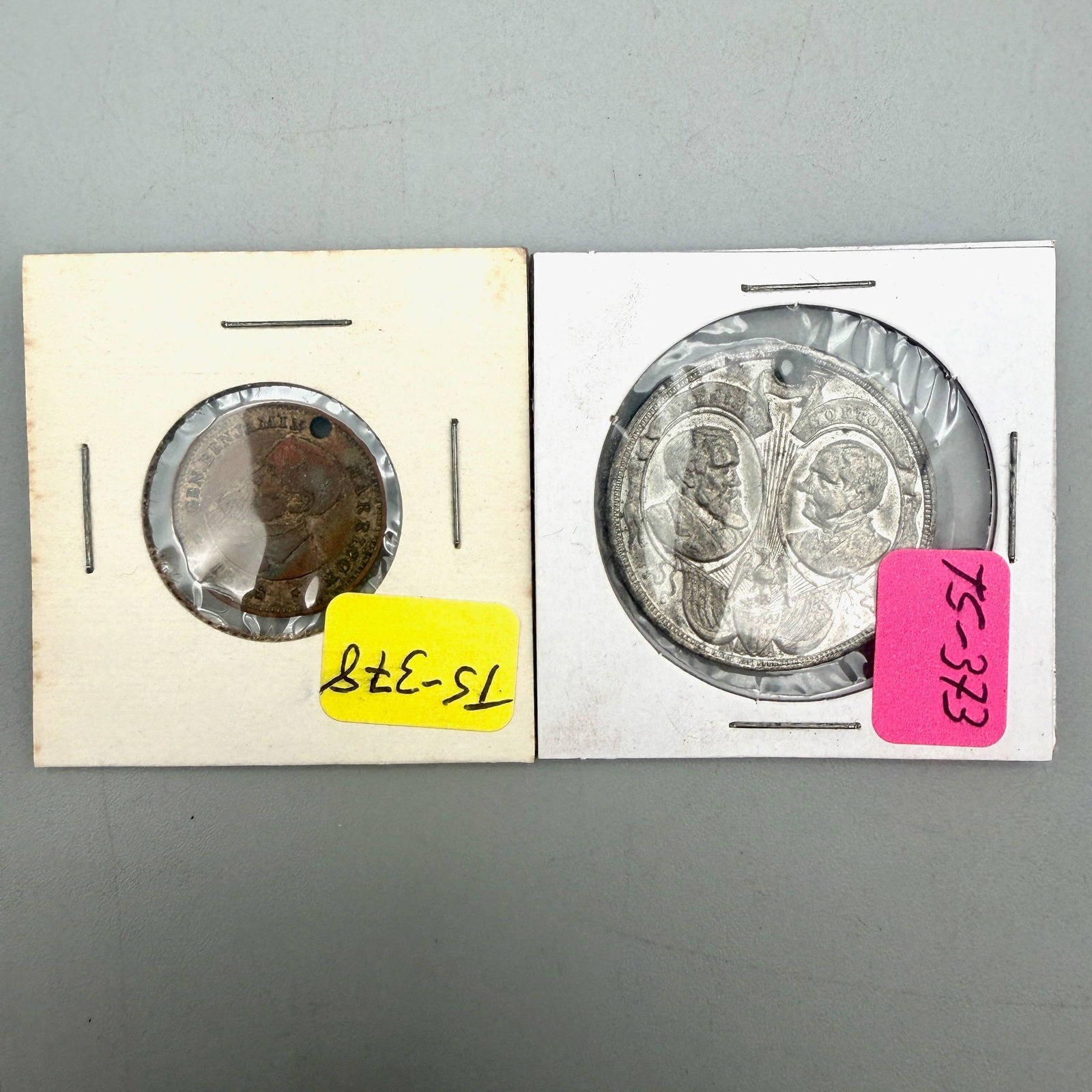 Pair of Benjamin Harrison Campaign Tokens: 1888 pewter jugate portrait medallion (32mm, holed) and brass Benjamin Harrison campaign token (21.56mm, holed). Light wear.