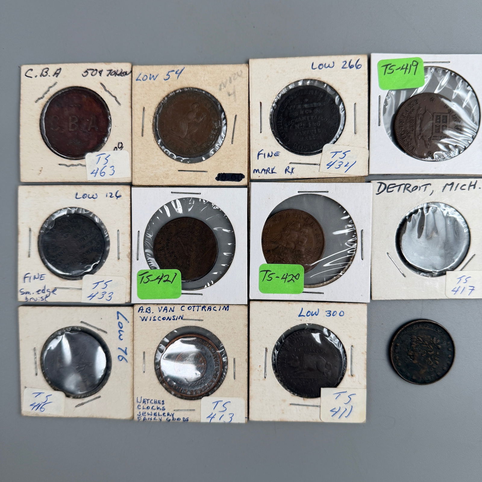 Large Group of Assorted "Hard Times" Tokens: Large assortment including Taunton brushmaker; Van Cott horology; 1833 Robinson’s Jones & Co.; Detroit J. Dimmick; 1837 Jack Ass & Turtle; 1841 Webster ship; N. Starbuck & Son; 1837 Liberty Head; 18