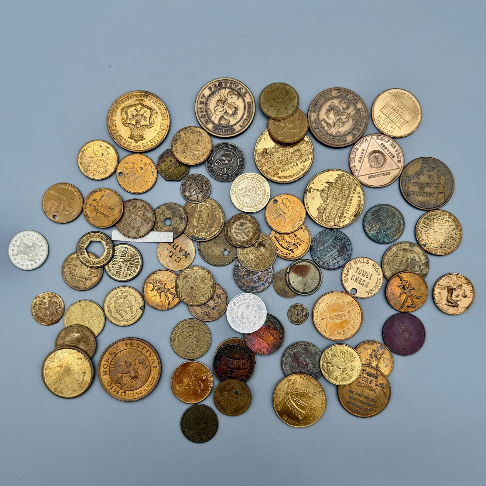 Sixty-Seven Brass Tokens, 1916-1990’s Various Types (1 of 1)
