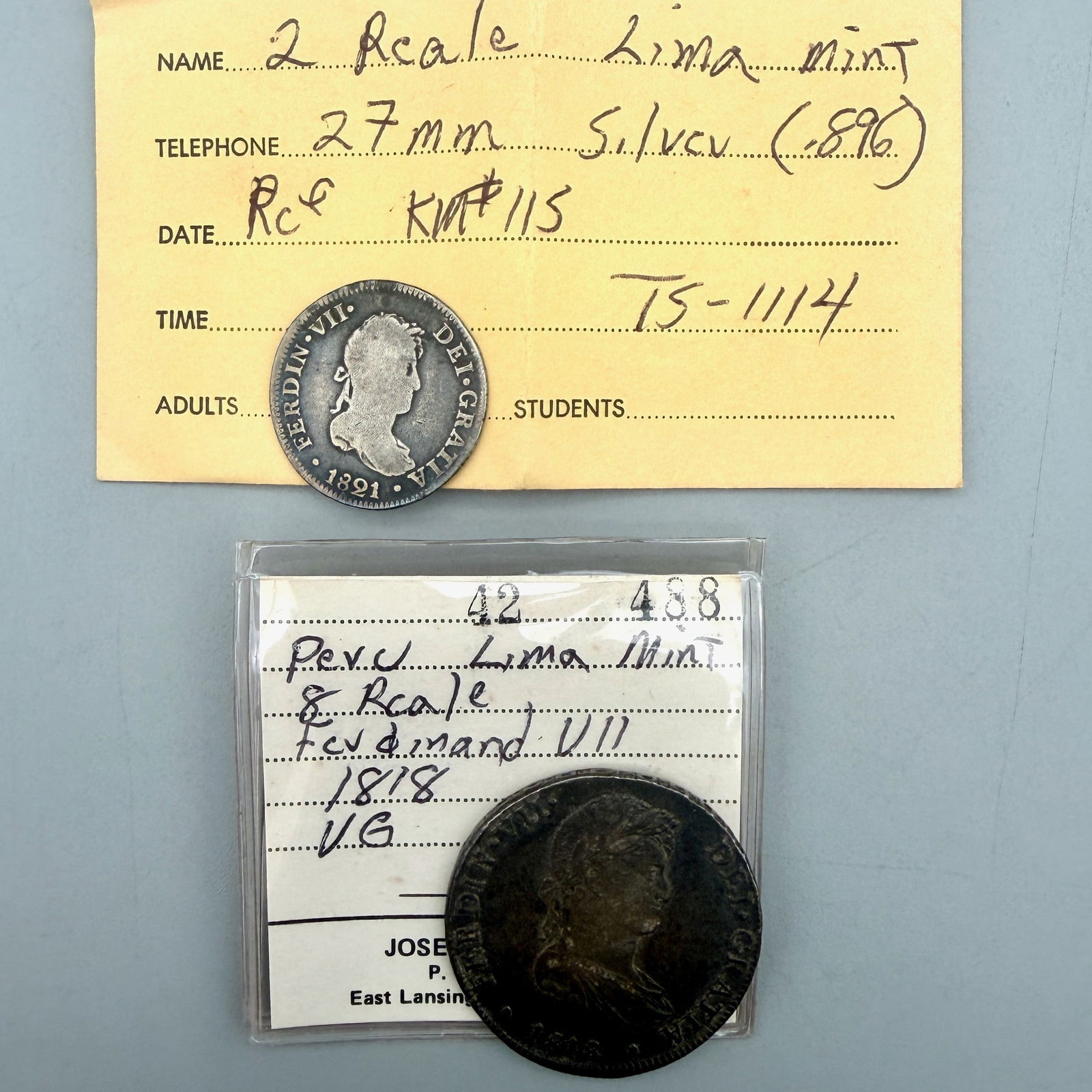 Pair of Silver Coins from Peru: Includes a silver 2 Reales (1821, Lima mint) and Ferdinand VII silver 8 Reales (1818).