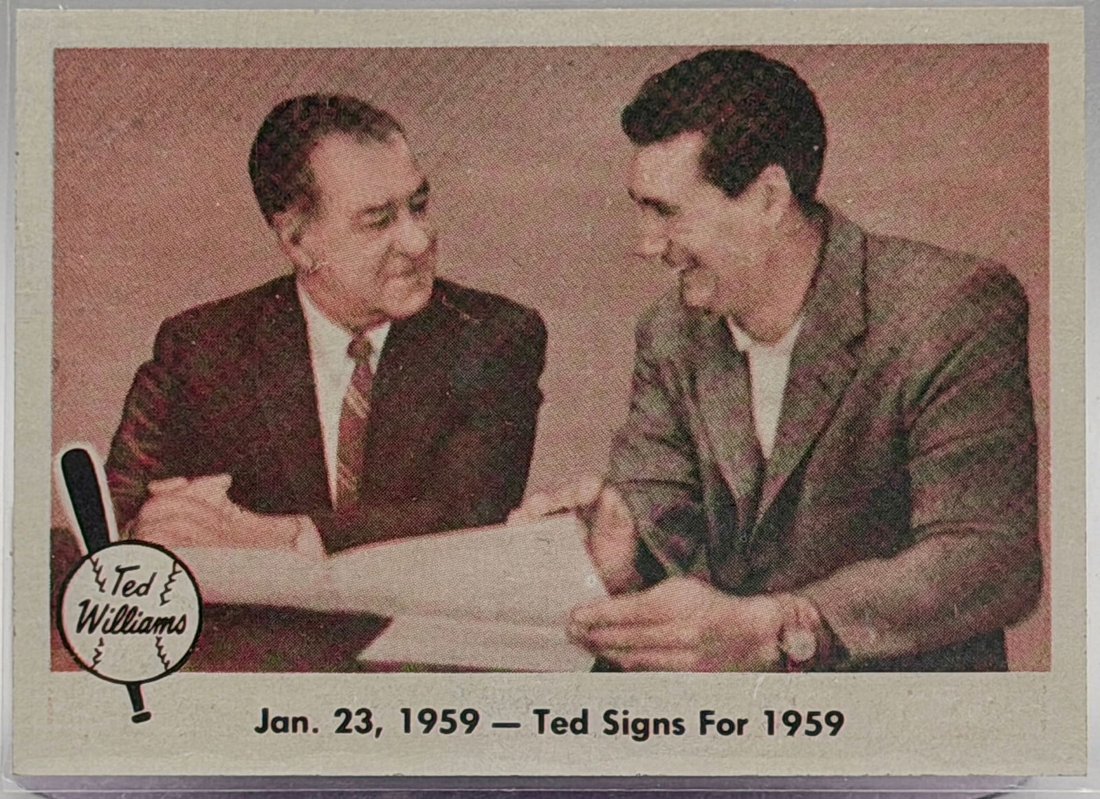 1959 Fleer Ted Williams and GM Bucky Harris Signing Card: Card #68 in 1959 set, crisp corners.