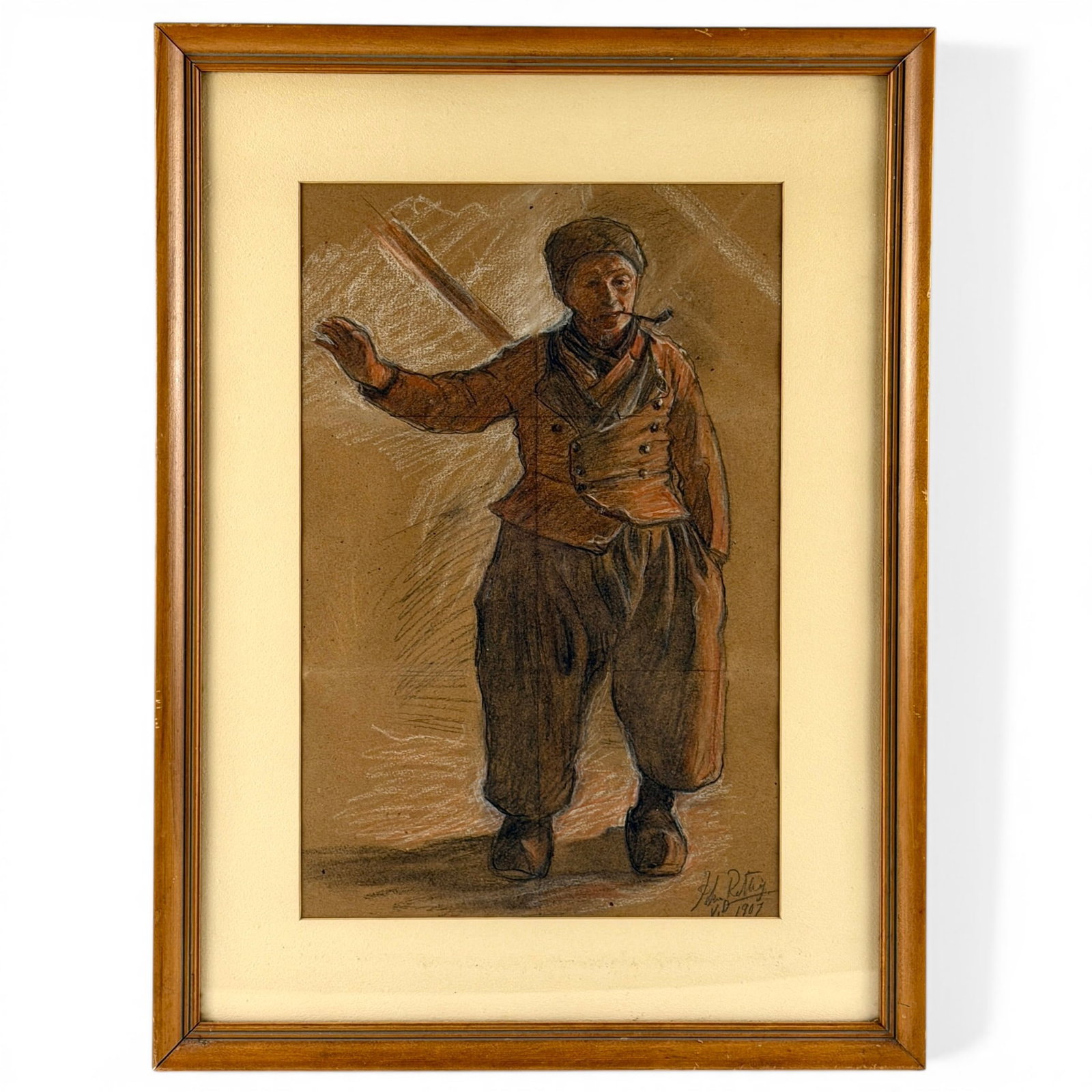 John Rettig (American, 1855-1932): Portrait of a man with Pipe, signed to the lower right by Rettig and dated 1907. Charcoal on paper. Sight size: 17" ht. x 10.5" wd., framed size: 24" ht. x 17.5" wd.