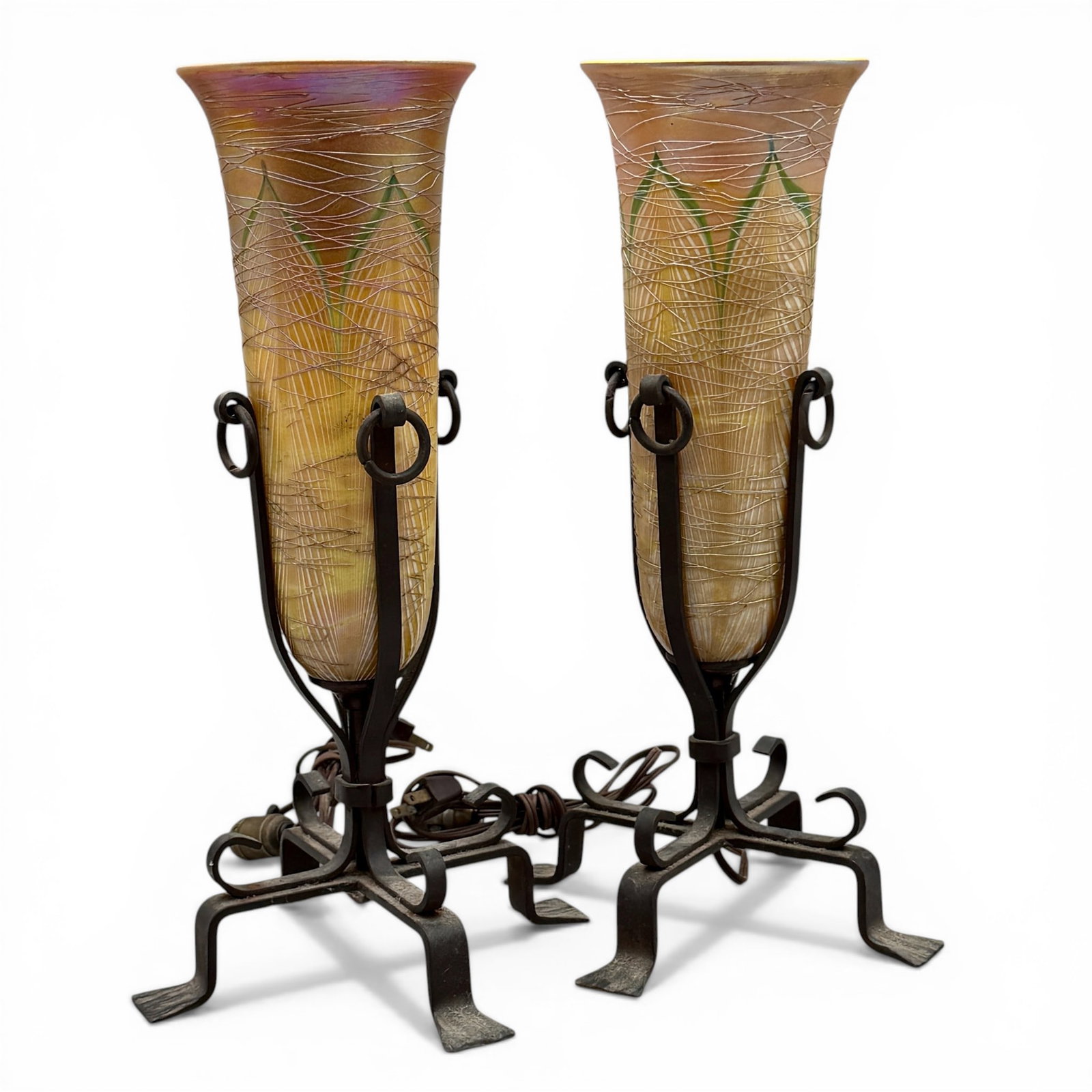 Pair of Standing Lamps with Tall Glass Shades: Each shade with feather design, all atop metal stands. Ht. of each 15.5".
