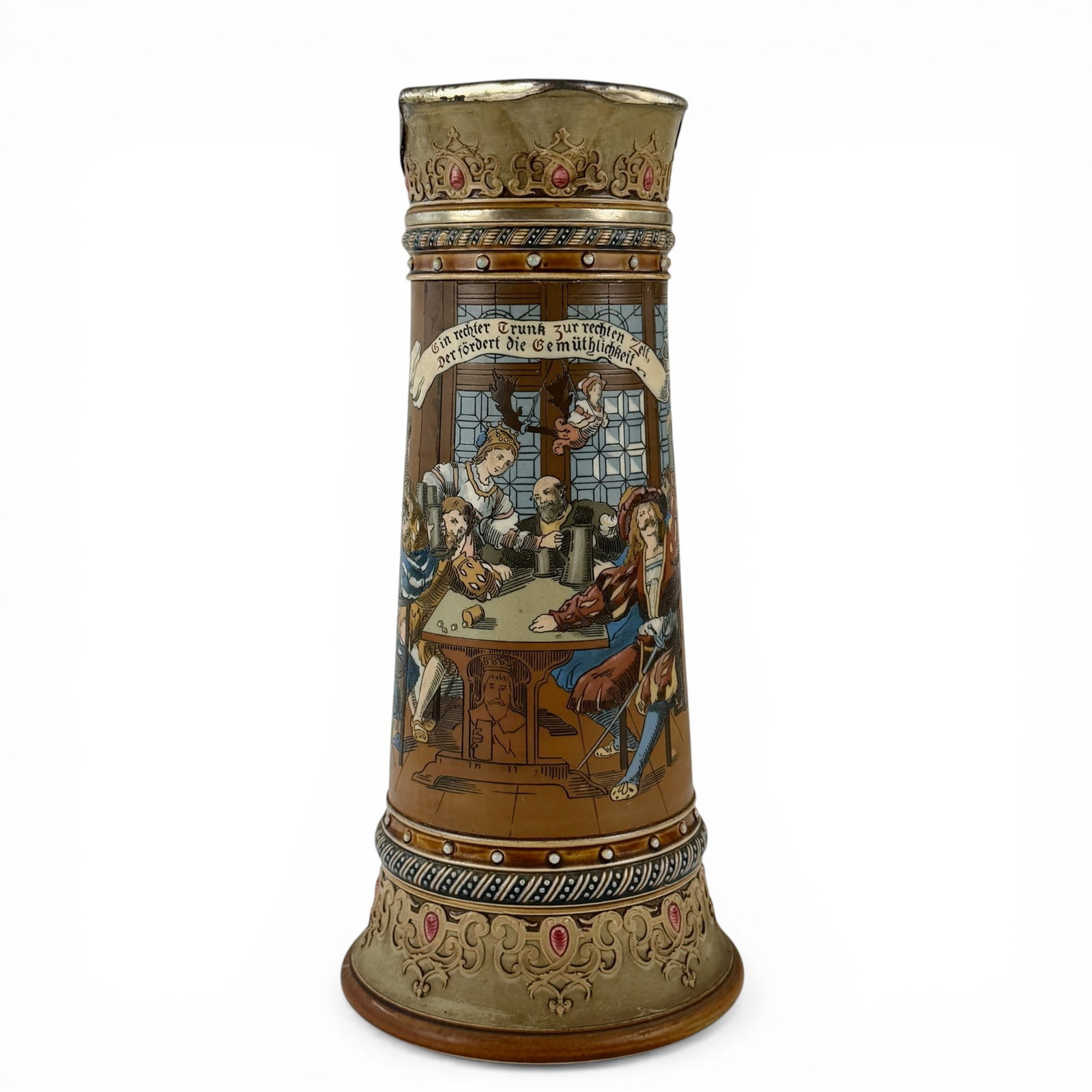 Mettlach Relief Decorated Stein: Stamped to base by Mettlach and numbered I, 09. Relief decoration in creams and whites with understone blue and blueish green glaze. Height: 12.5"