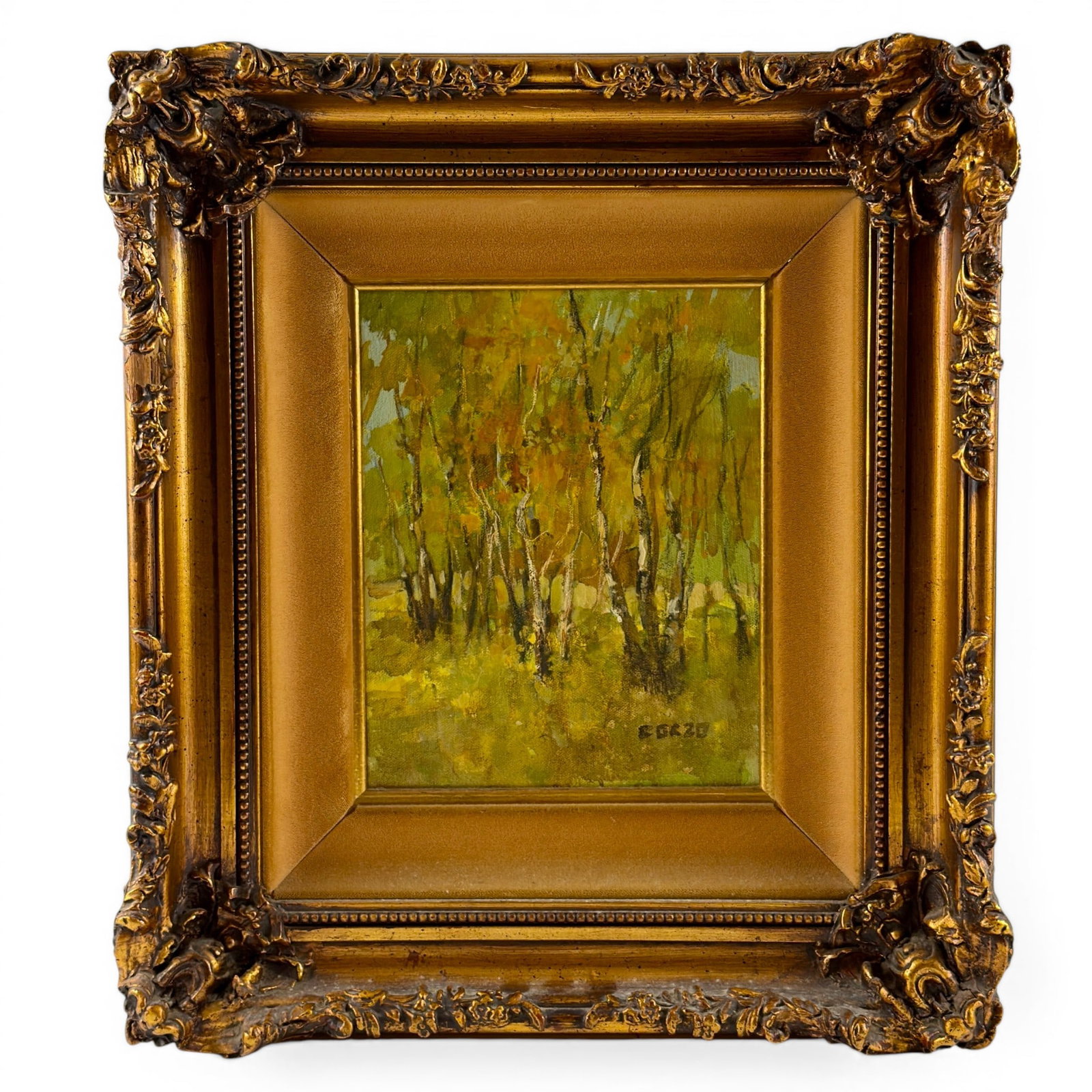 Oil on Canvas by E. Orzo: Impressionist oil on canvas, signed to the lower right depicting an autumn setting. Housed in a new gilt frame. Framed size: 18" ht. x 16.5" wd.