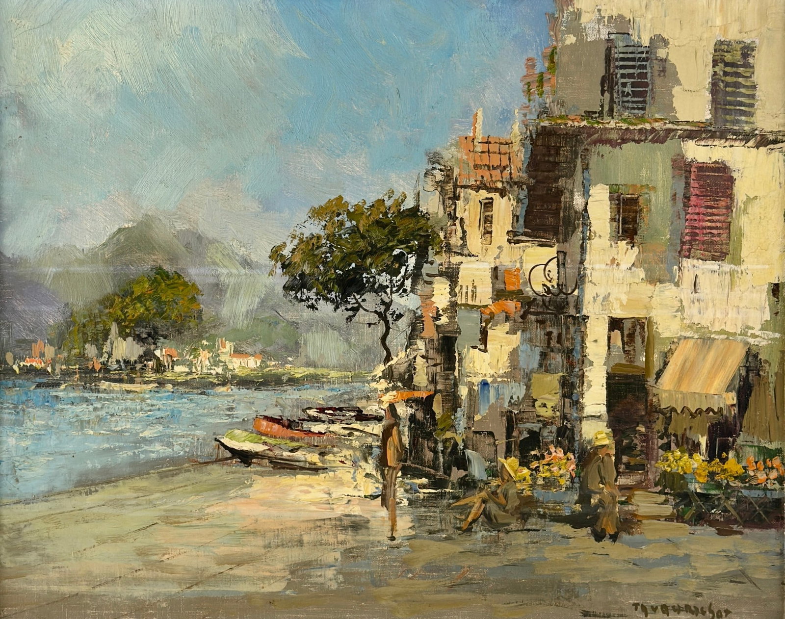 Oil on Canvas European Harbor Scene: Likely depicting a European city on the water, with mountains in background. Signed indistinctly to the lower right. Sight size: 15.5" ht. x 19.5" wd., framed size: 21" ht. x 25.5" wd.