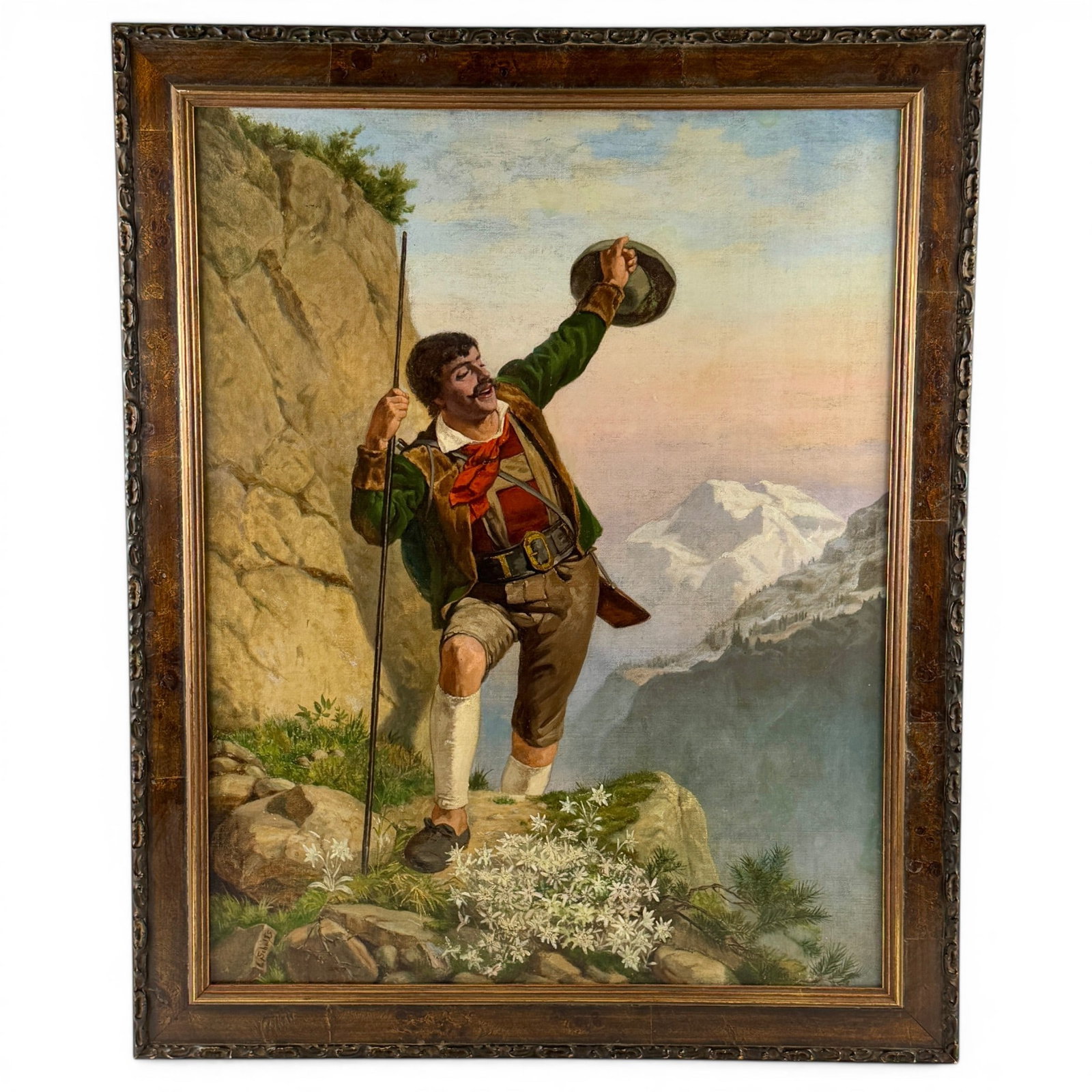 Oil on Canvas of a Mountaineer by L. Schults: A nice depiction of Bavarian man climbing a large mountain with hat swinging from hand, signed to the lower left. Sight size: 28" ht. x 21.5" wd., framed size: 32.5" ht. x 26.5" wd.