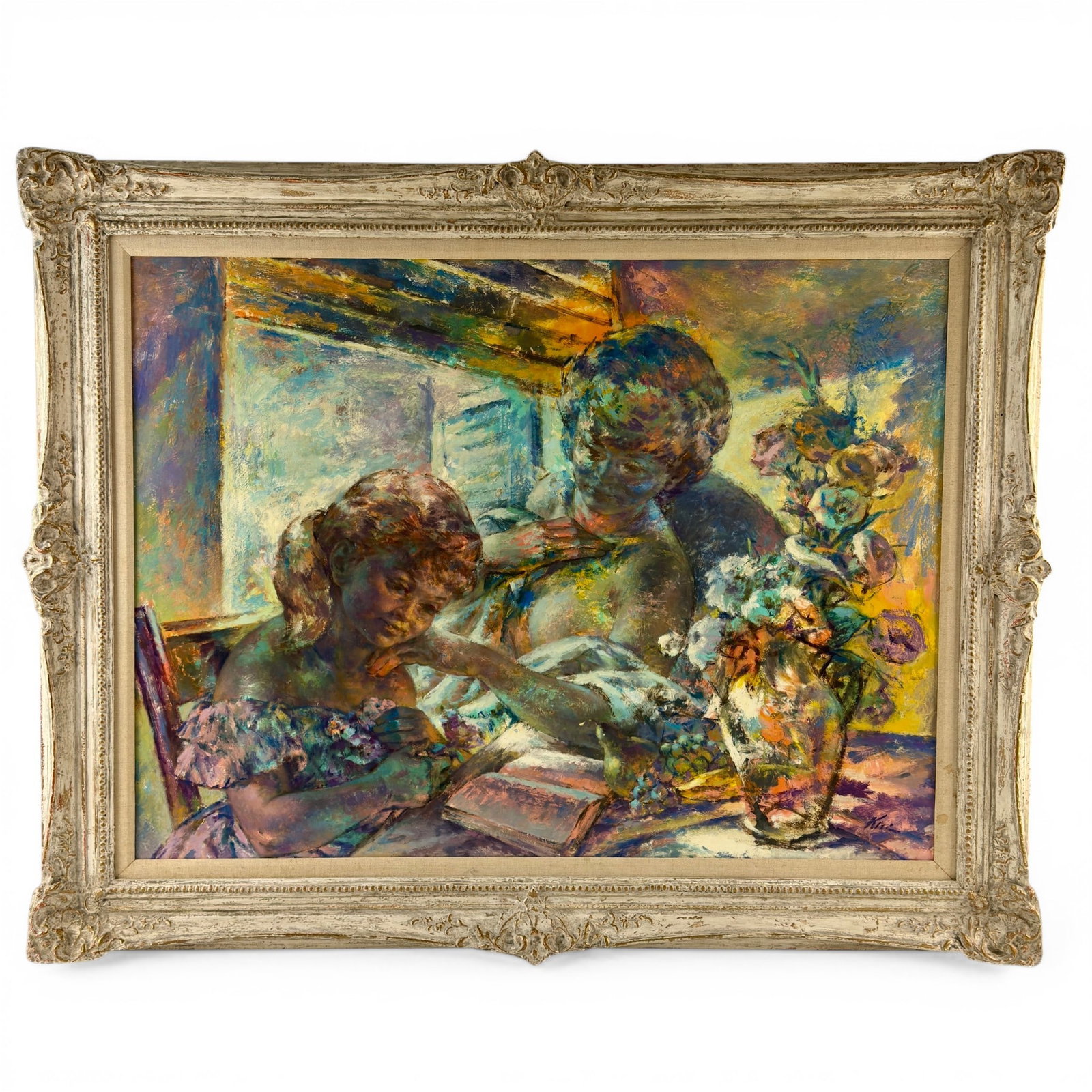 Mother and Child Oil on Board by Kiel: A large abstract oil on board, signed "Kiel" to the lower right hand corner. Depicting a mother and child reading a novel with vase of flowers. Sight size: 29" ht. x 39" wd., framed size: 38" ht. x