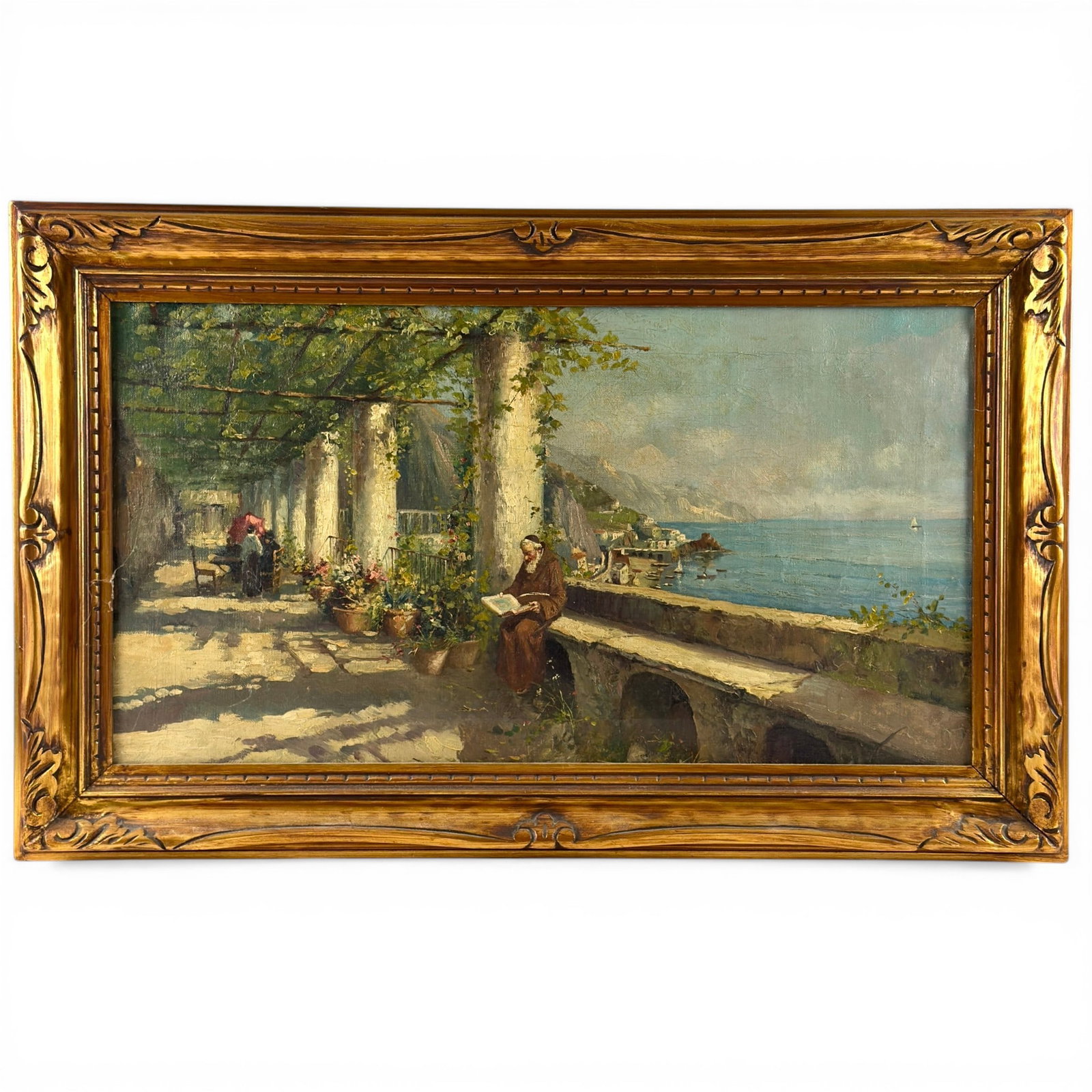 Three 20th Century Oil Paintings: Including one work by "Corzo" depicting a summer landscape with figures in background, another signed "Nicoletti" with house on a river way and lastly a larger oil depicting a monk in the