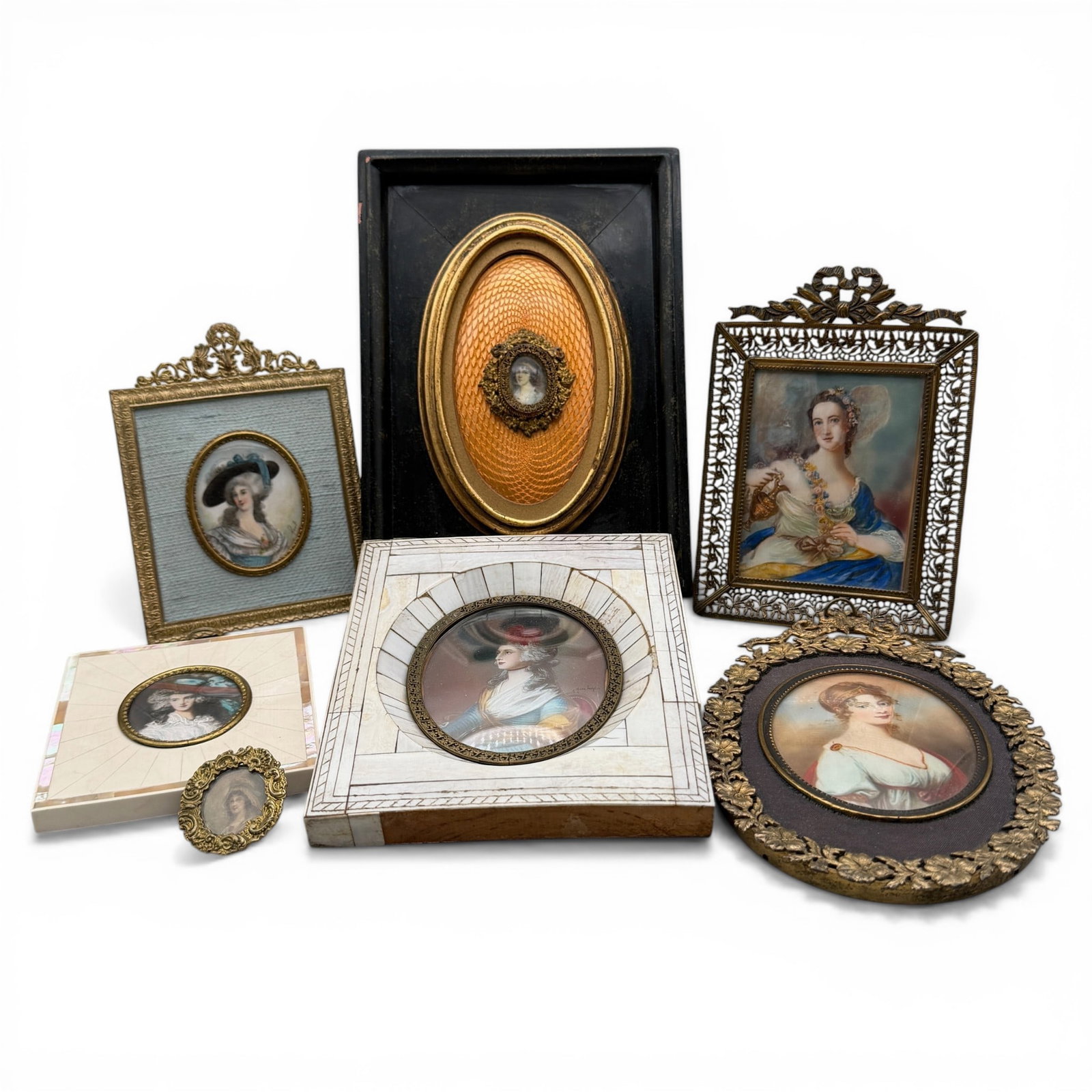 Collection Framed Continental Miniature Paintings: Several late 19th century and in ormolu frames, 7 total, including one small miniature in elaborate guilloche frame. Largest 7.5" x 5.5"