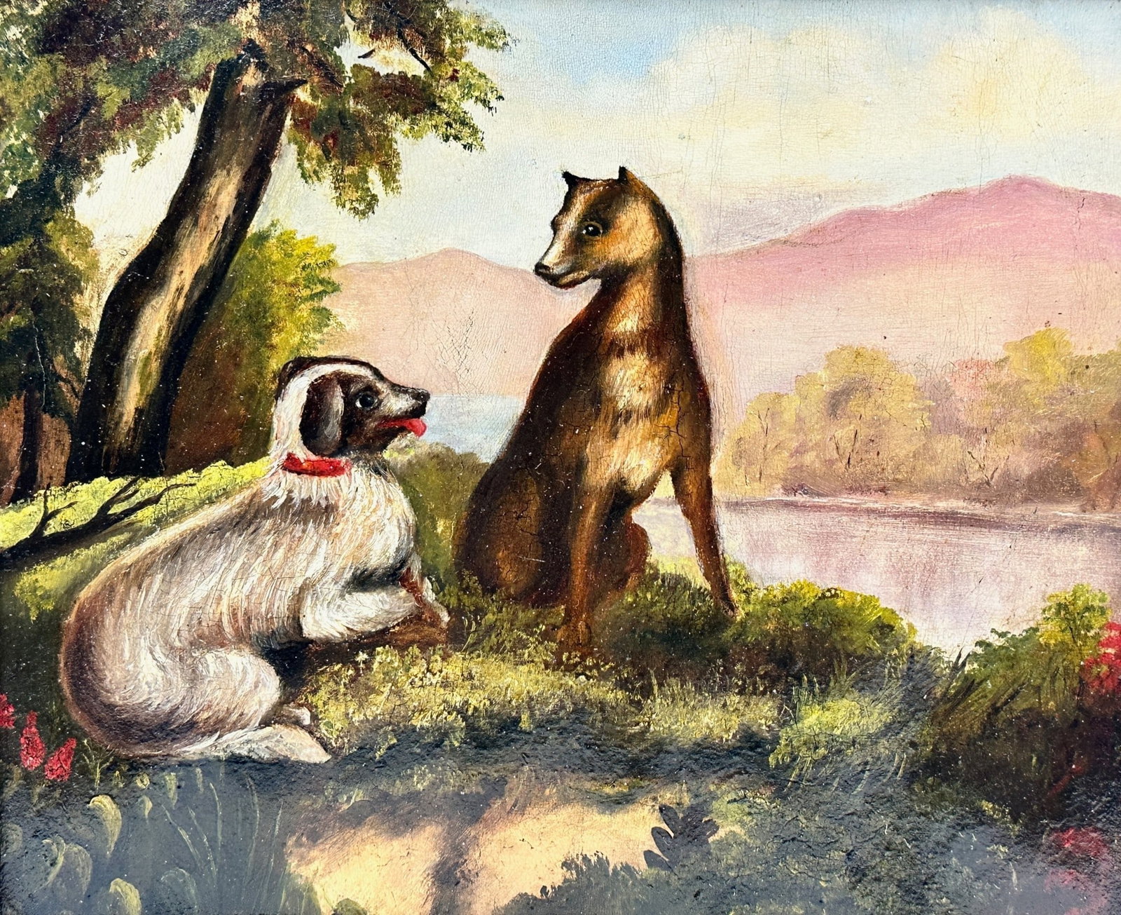 Naive Oil of Two Dogs, Likely American: Oil on paper of two dogs overlooking a riverscape. Primitive. Folky. 19th Century. 9.75" ht. x 11.5" wd. (sight), 15" x 17" (frame).