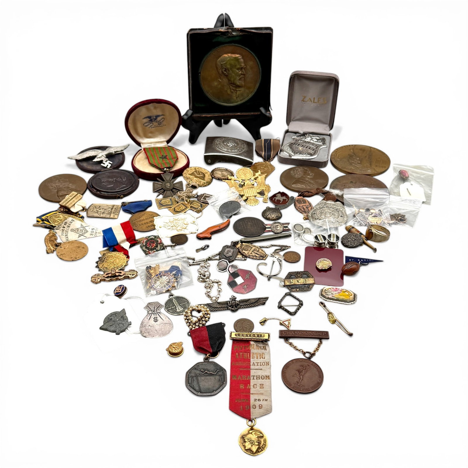 Fine Grouping of Early Medals: Including bronze and brass circular medals, a Charles Coudray French Medallion in case, sheriffs badges, Nazi and WWII medals, medallions related to the states and a great many others, differing