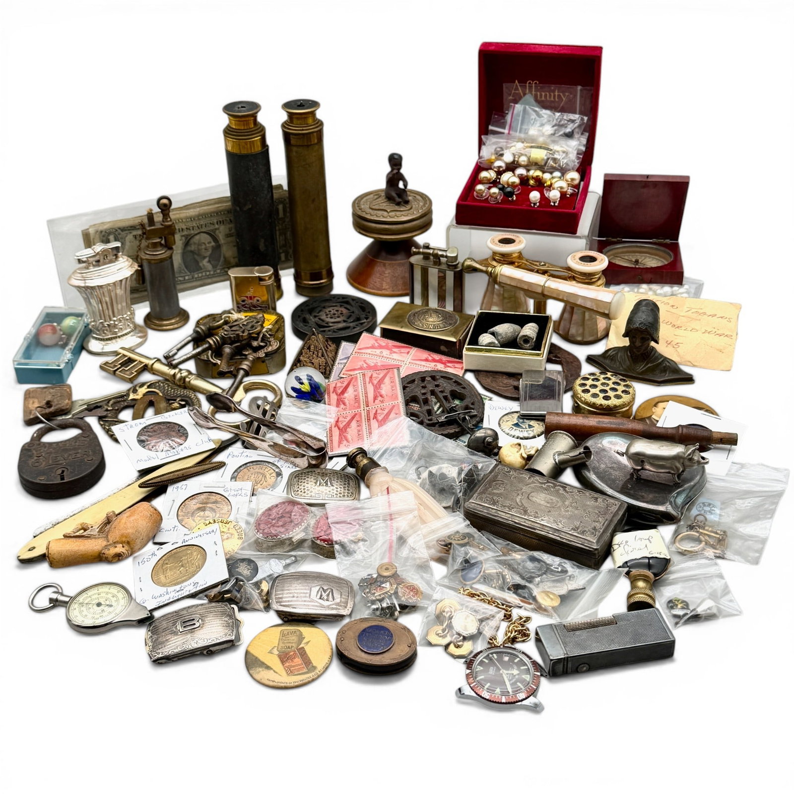 Large Group of Antique Collectibles/Oddities: Including mother-of-pearl opera glasses, old and interesting lighters, political campaign buttons, early American coinage, telescopes, some costume jewelry, marbles, early American currency, stamps,