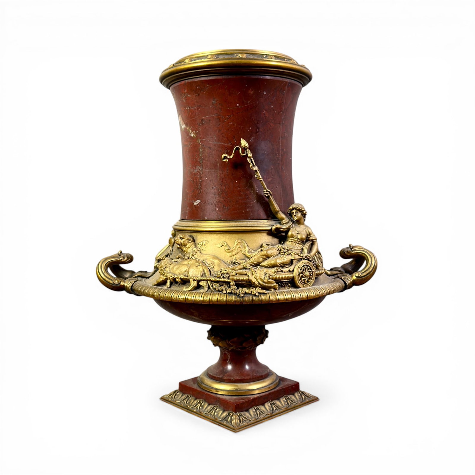 19th Century French Ormolu Jardiniere: French, late 19th century. Napoleon III style. Gilt bronze ormolu mounts, red marble. 21.5" ht., 16" wd. (handle to handle)