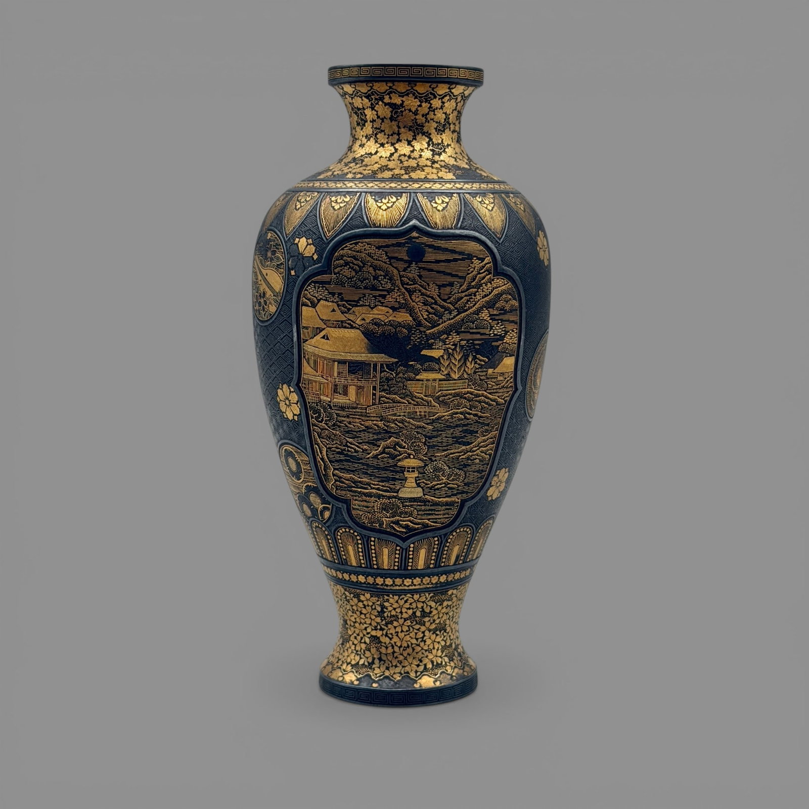Outstanding Silver Gilt Komai Vase, Meiji Period: Meiji Period, shop of Komai, Kyoto, Japan. Nine character mark to underside, damascene decoration to body including two large scenic reserves, six roundels, and rim and foot with leaves. Insert to the