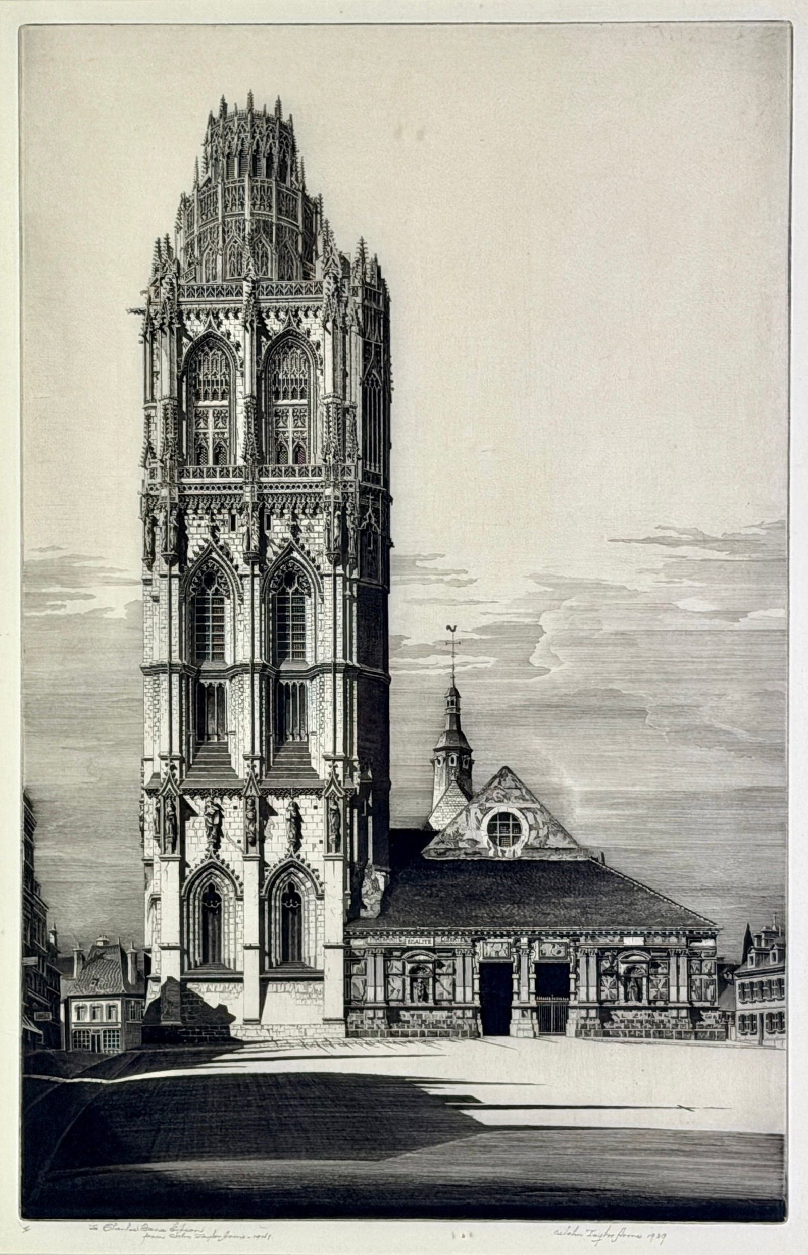 "Aspiration" Etching by John Taylor Arms, Dedicated to Charles Dana Gibson: John Taylor Arms (American, 1887-1953). A finely inked impression, signed, dated and dedicated to fellow artist Charles Dana Gibson in margin. 15.5" x 10" (plate size), 25" x 18.5" (framed).