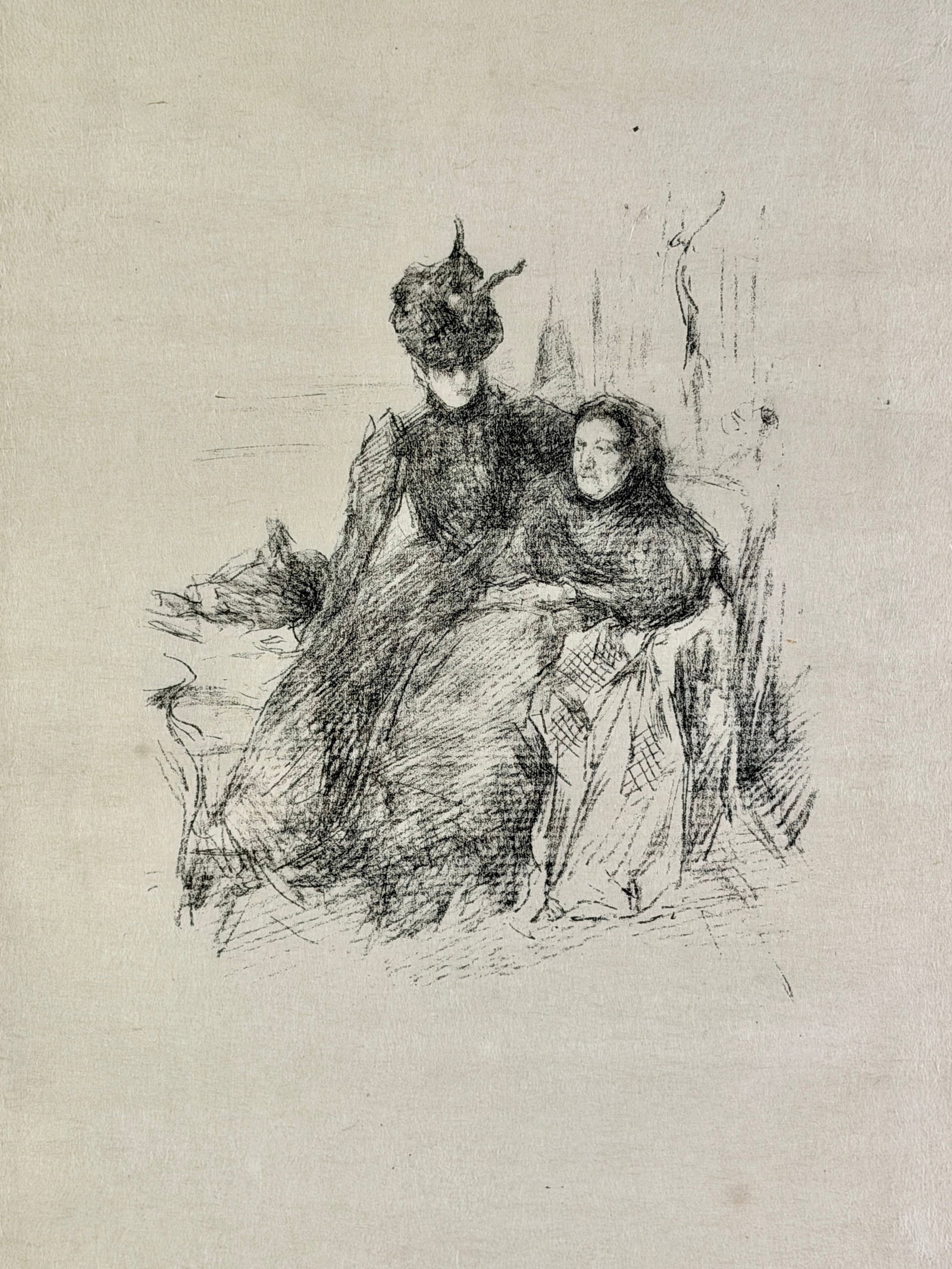 James McNeil Whistler (American, 1834-1903): "Mother and daughter", transfer lithograph, 1897. Unsigned. Sheet size: 15.25" ht. x 9.5" wd., framed size: 22" ht. x 16" wd.