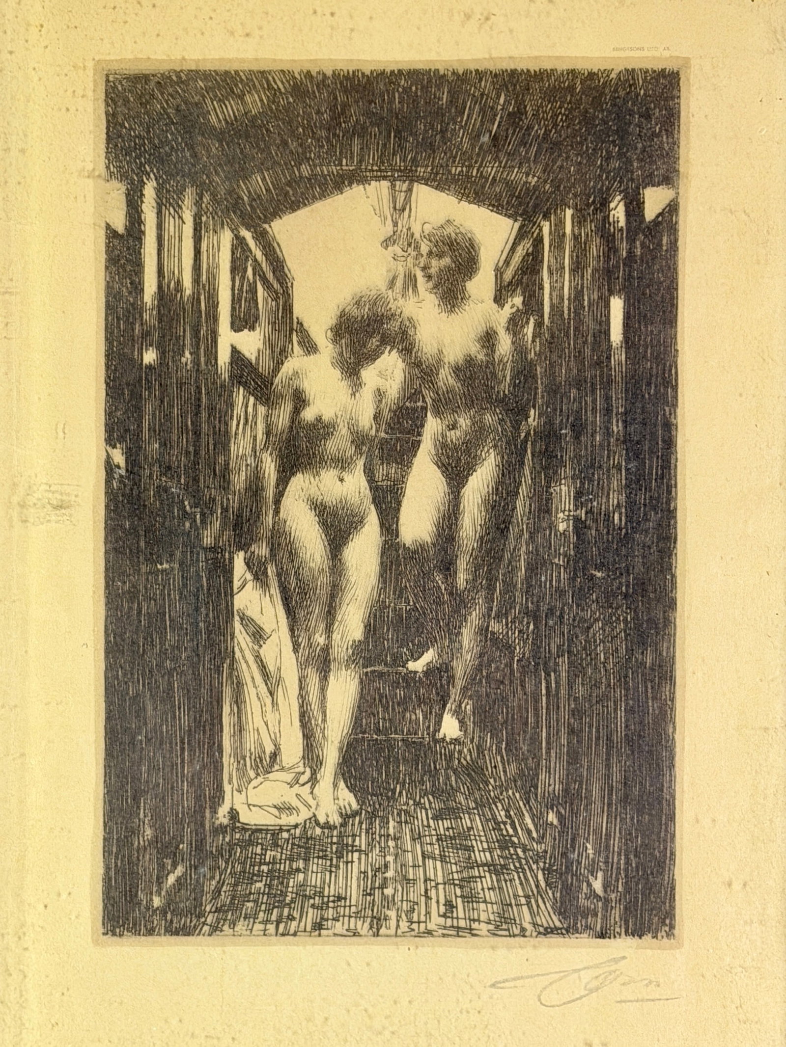 "Kajuta" Lithograph by Anders Zorn: Published lithograph after the original etching, signed by artist in graphite. 11.5" x 7.5" (plate size), 18" x 12" (framed).